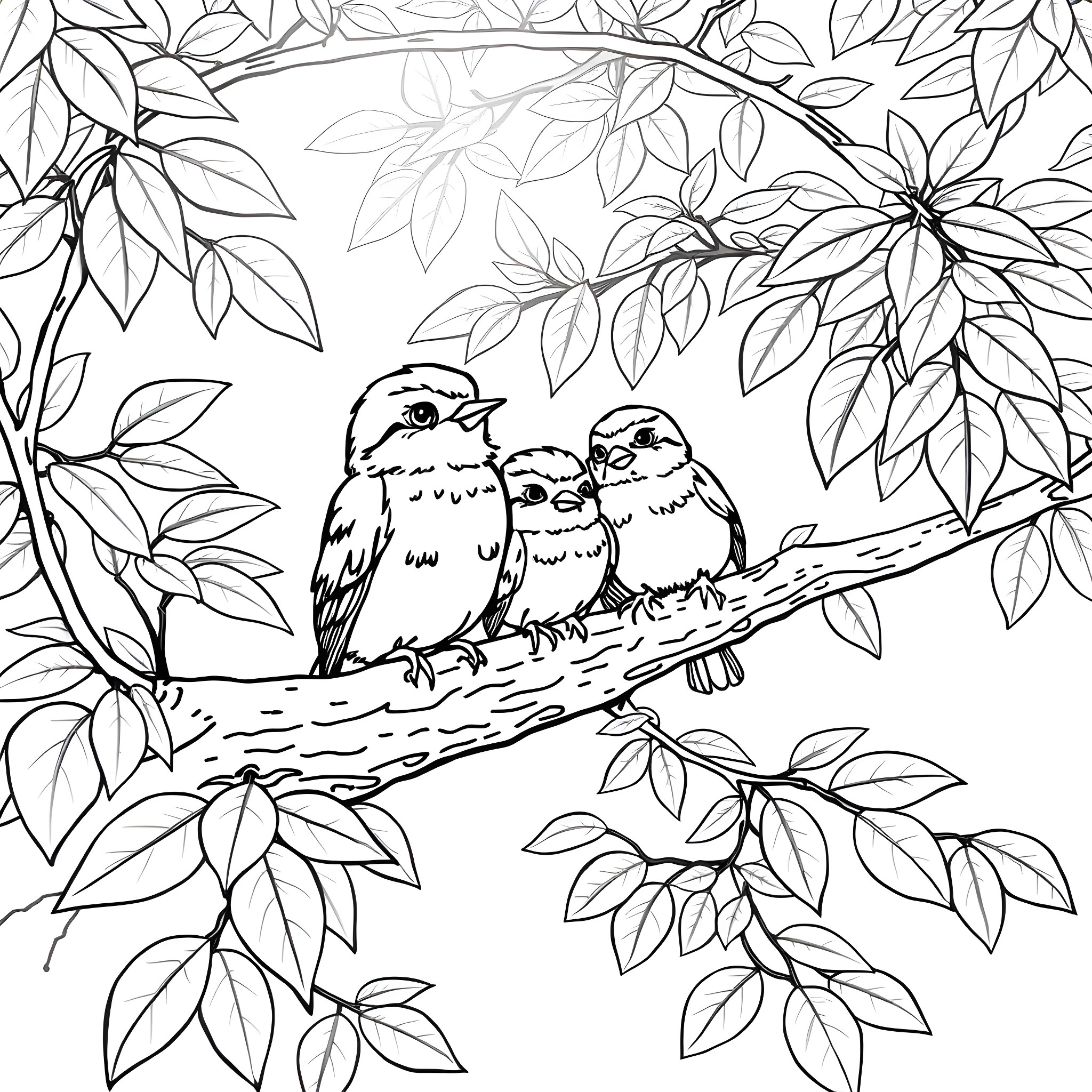 Rowlet and its bird friends nestled on a branch Coloring Page (free black-and-white line drawing printable PDF for all, from beginners to advanced learners, including children, teens, adults, and seniors)