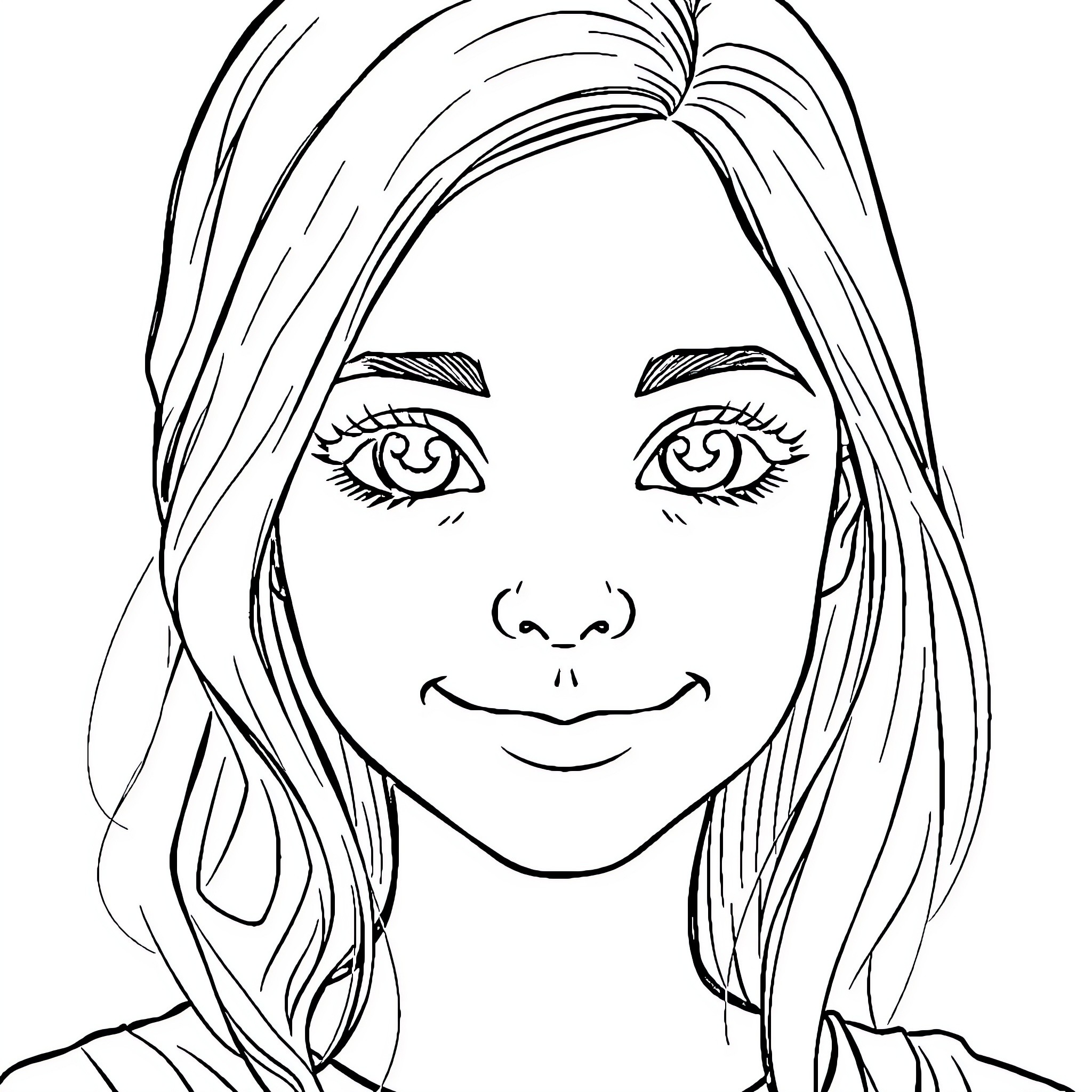 Teen Girl with Expressive Eyes and Cheerful Expression Coloring Page (free black-and-white line drawing printable PDF for all, from beginners to advanced learners, including children, teens, adults, and seniors)