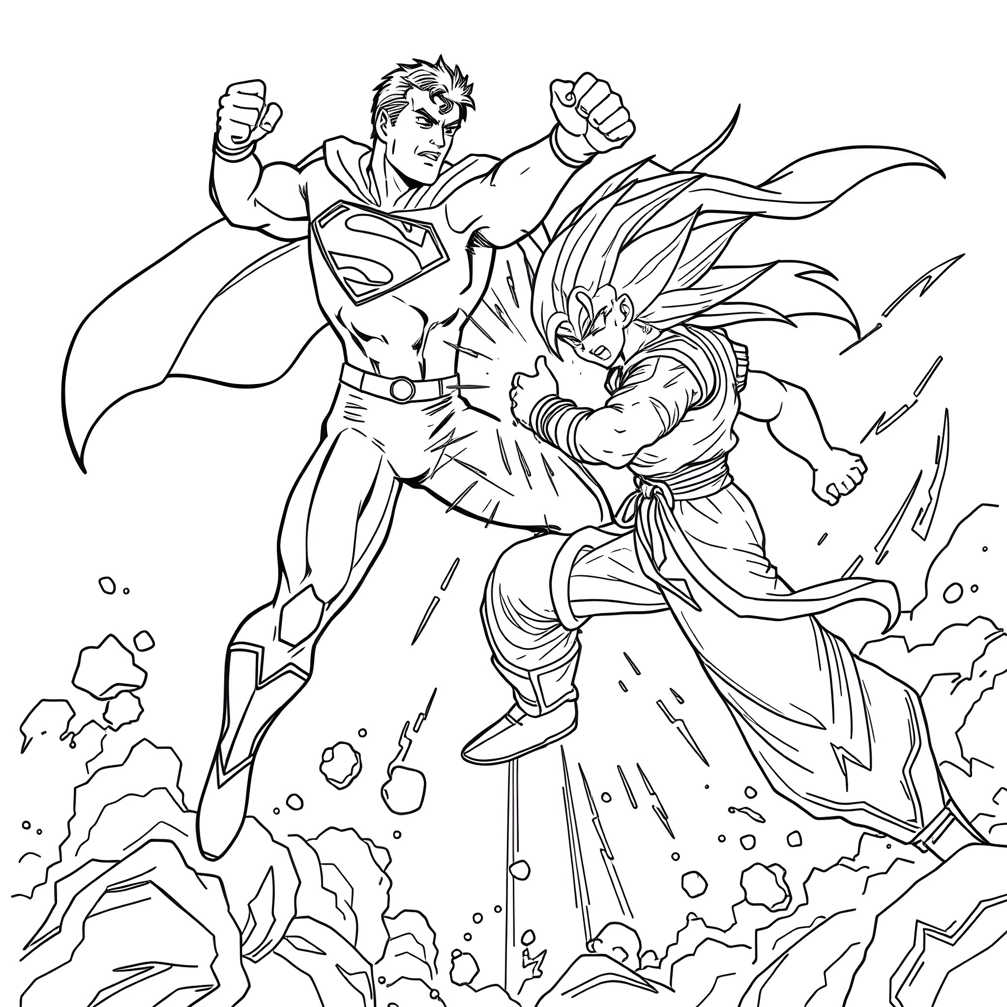 Superman battling a fierce adversary in an intense showdown Coloring Page (free black-and-white line drawing printable PDF for all, from beginners to advanced learners, including children, teens, adults, and seniors)
