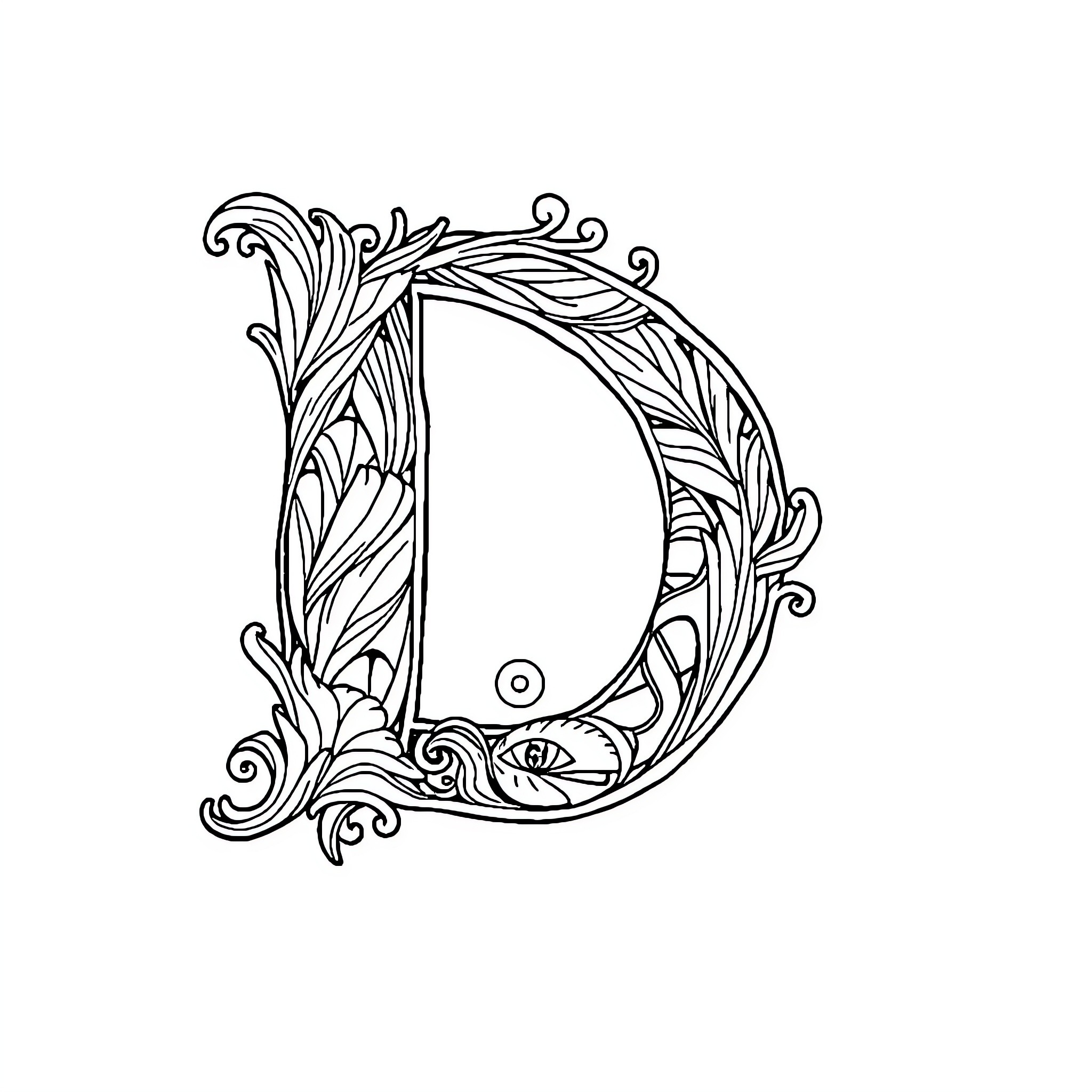 Decorative Floral Letter D Coloring Page (free black-and-white line drawing printable PDF for all, from beginners to advanced learners, including children, teens, adults, and seniors)