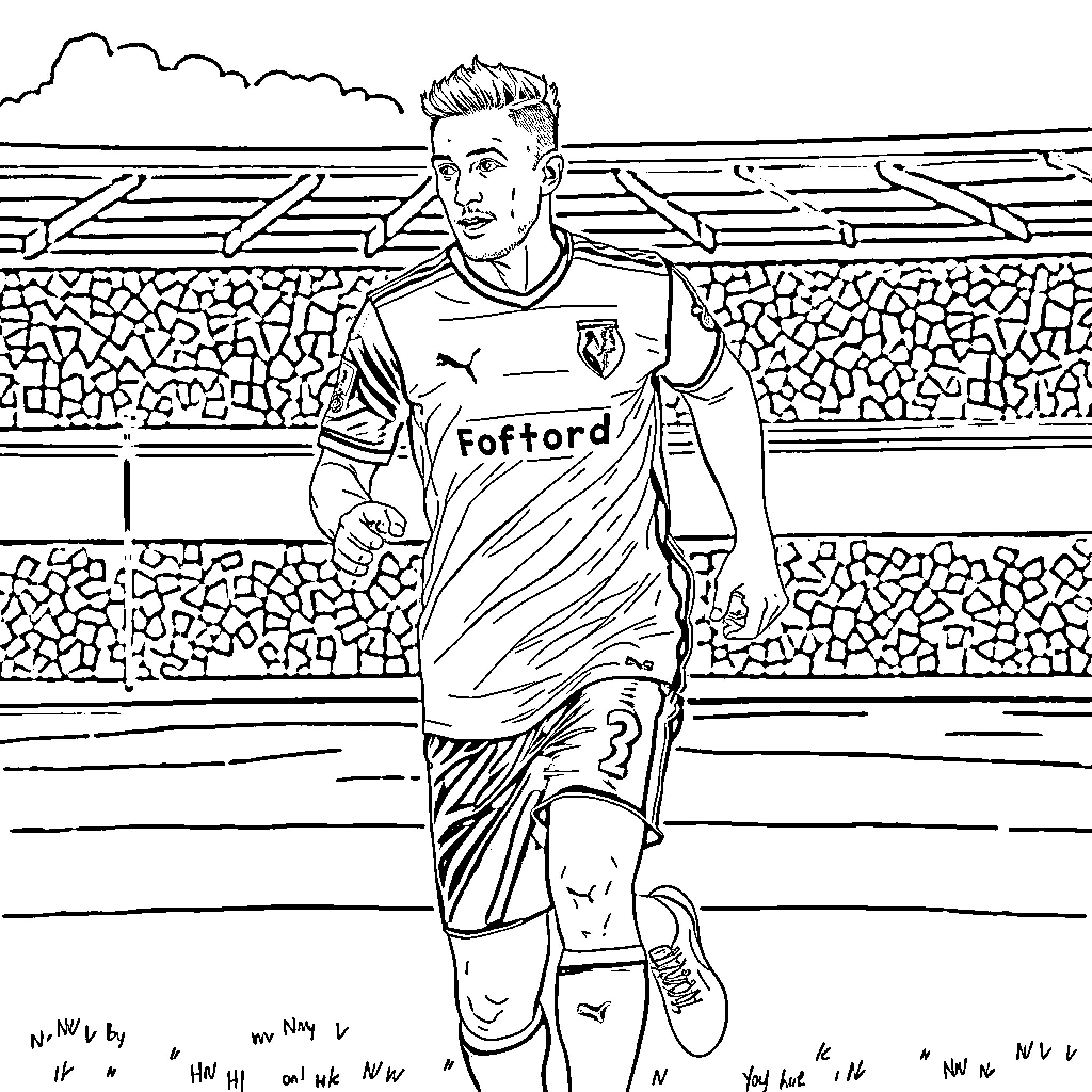 Watford FC Player in Action on the Field Coloring Page (free black-and-white line drawing printable PDF for all, from beginners to advanced learners, including children, teens, adults, and seniors)
