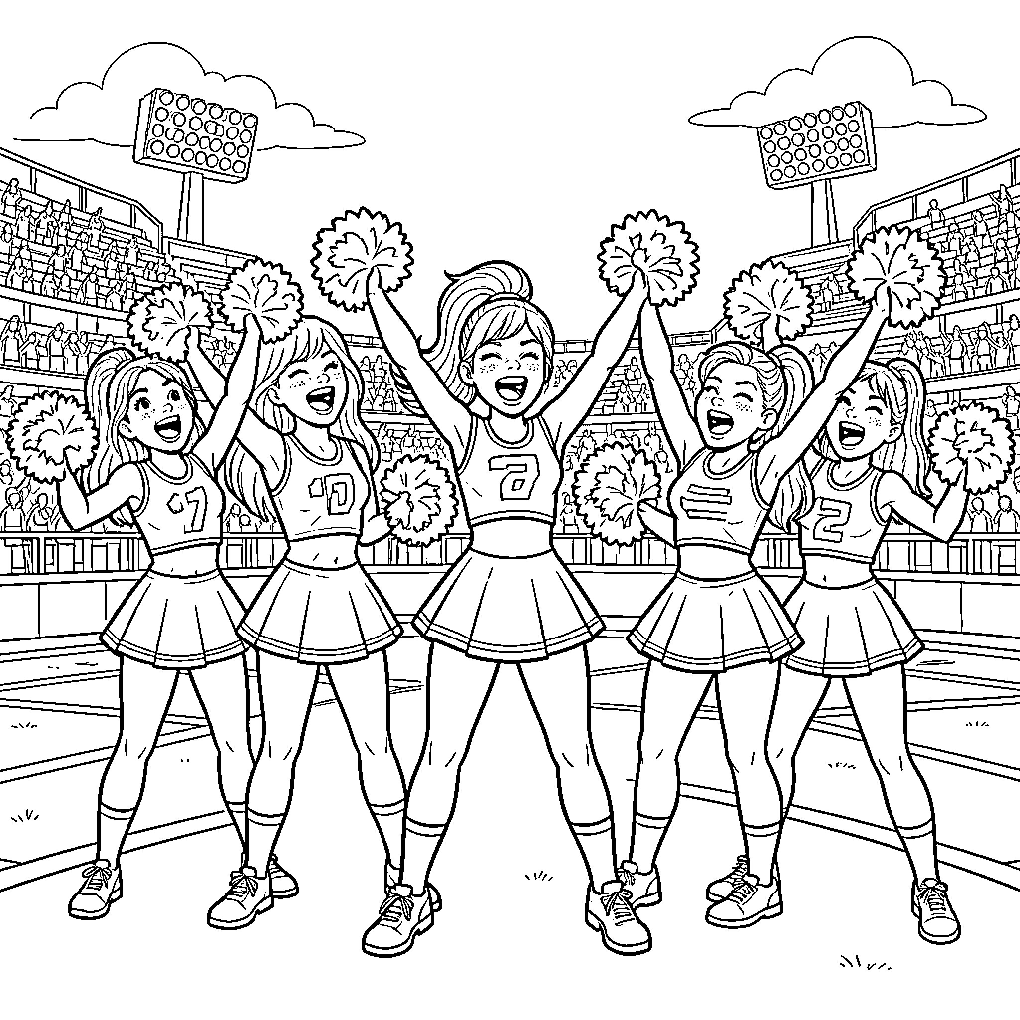 Cheerleaders cheering enthusiastically at a stadium event Coloring Page (free black-and-white line drawing printable PDF for all, from beginners to advanced learners, including children, teens, adults, and seniors)