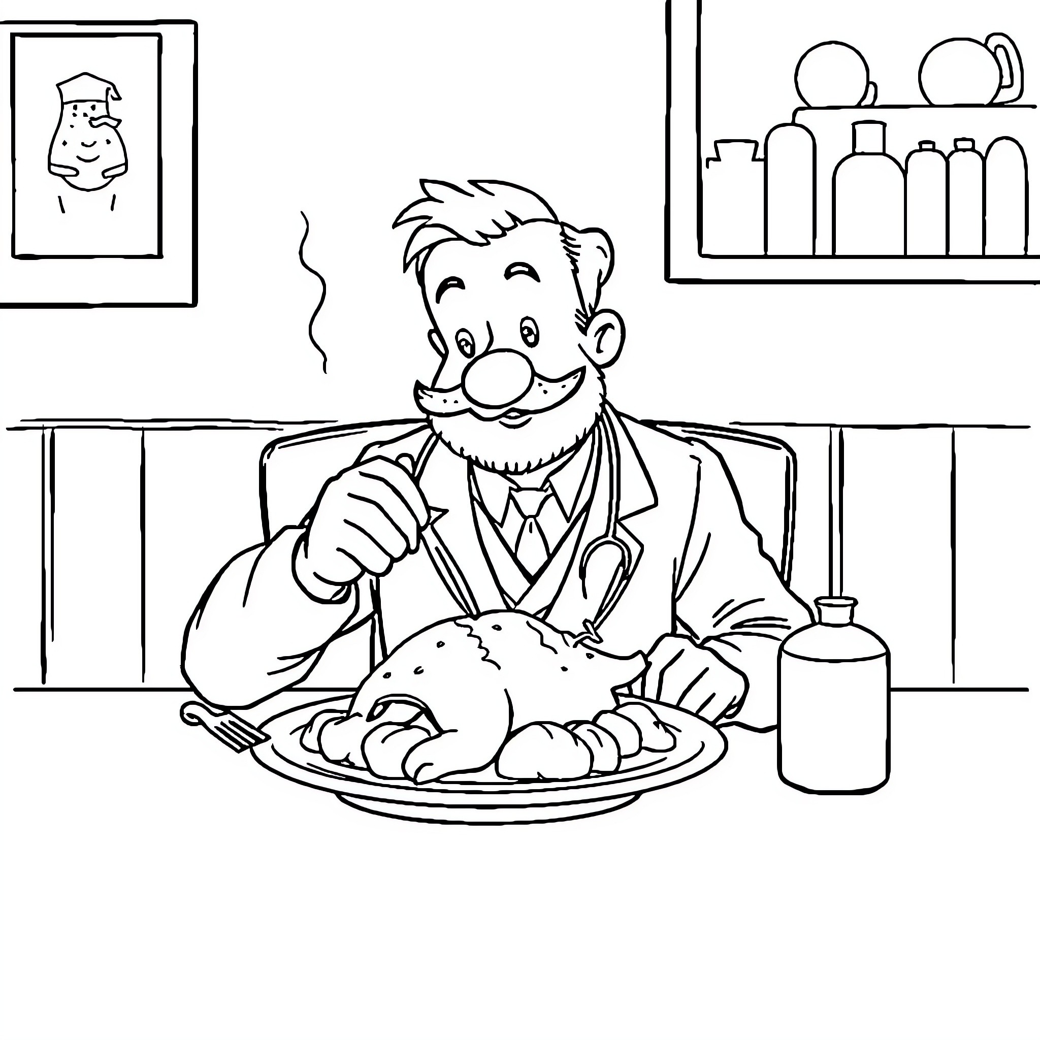 Doctor Examining Cartoon Patient in Office Coloring Page (free black-and-white line drawing printable PDF for all, from beginners to advanced learners, including children, teens, adults, and seniors)