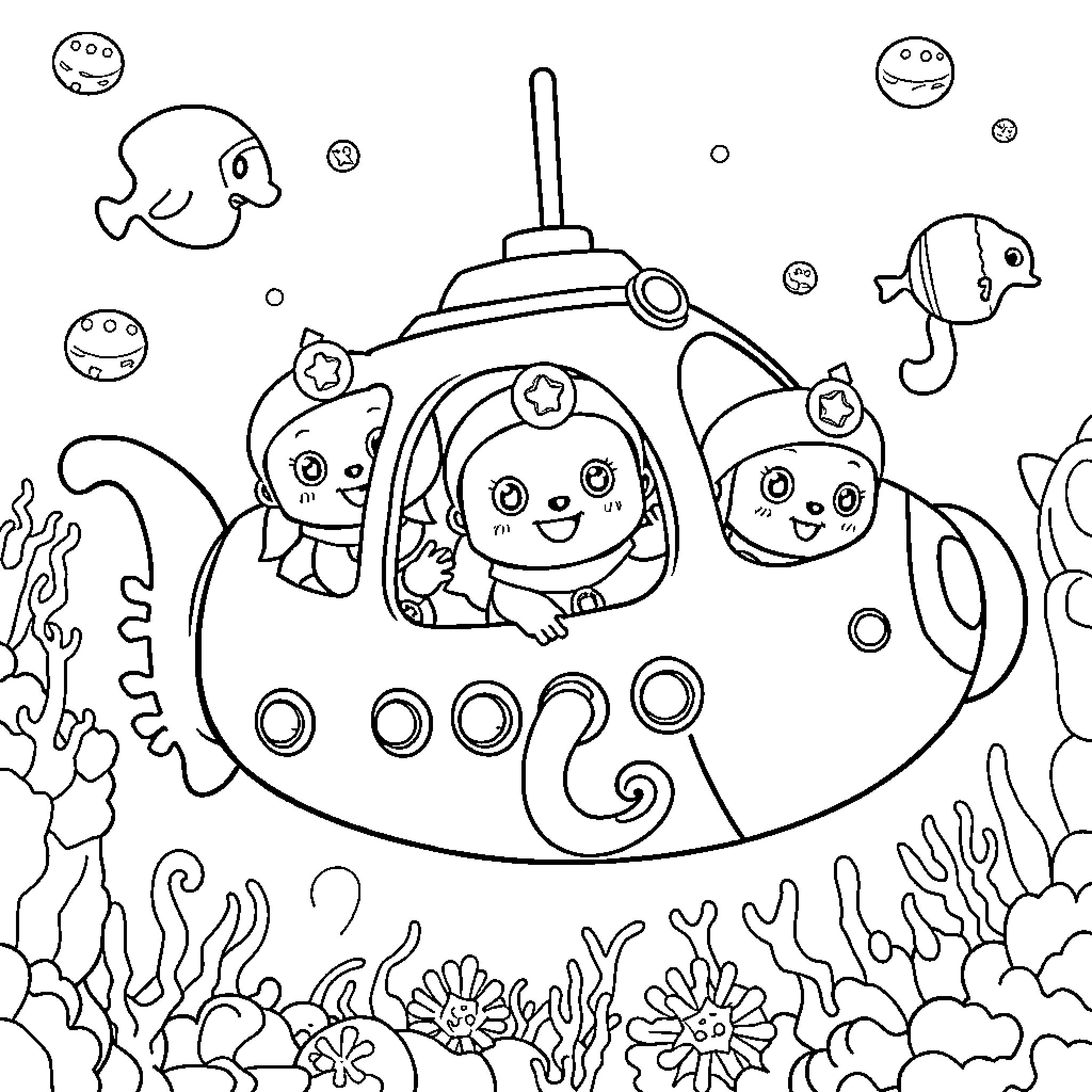 Octonauts exploring the underwater world in a submarine Coloring Page (free black-and-white line drawing printable PDF for all, from beginners to advanced learners, including children, teens, adults, and seniors)
