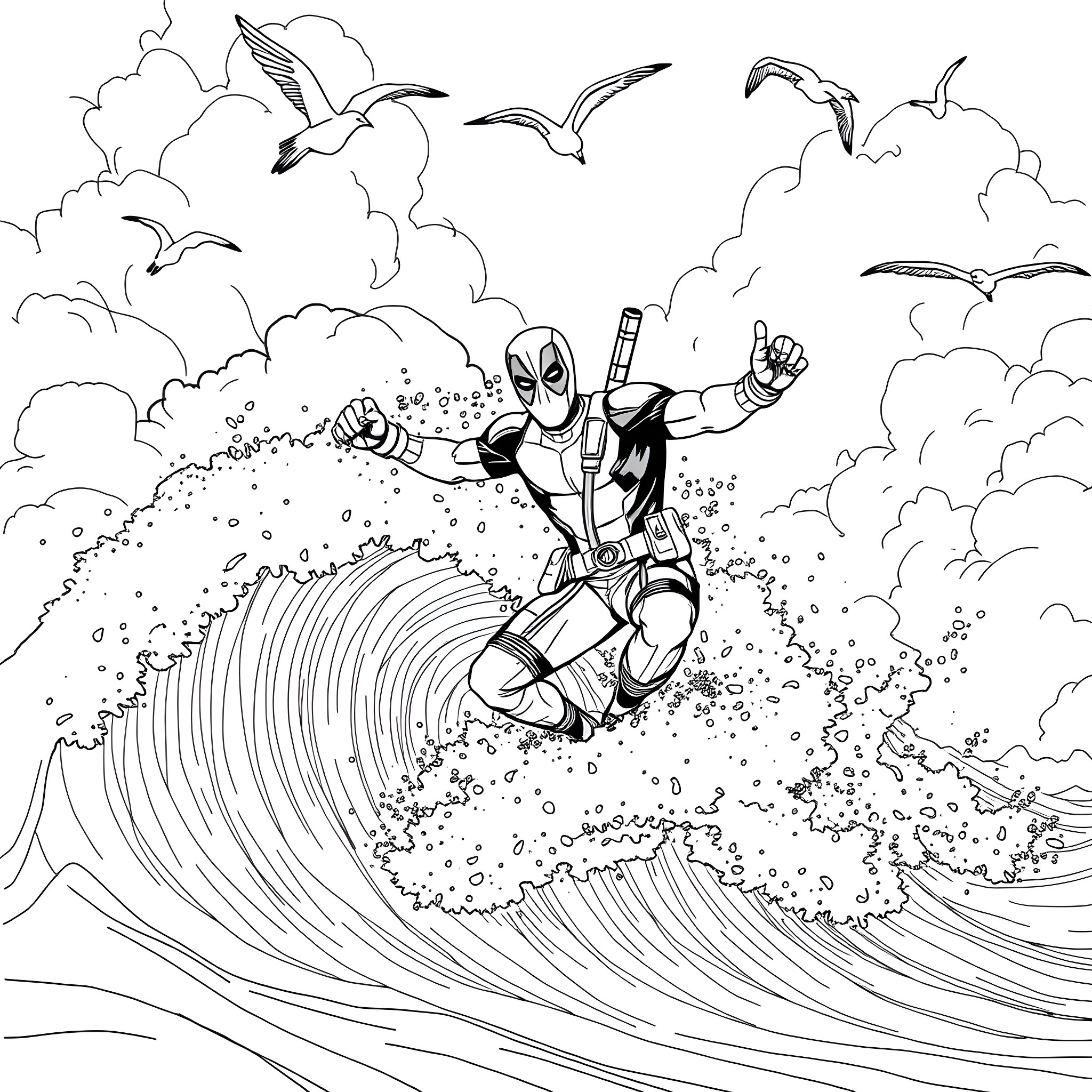 Deadpool surfing on a huge wave Coloring Page (free black-and-white line drawing printable PDF for all, from beginners to advanced learners, including children, teens, adults, and seniors)