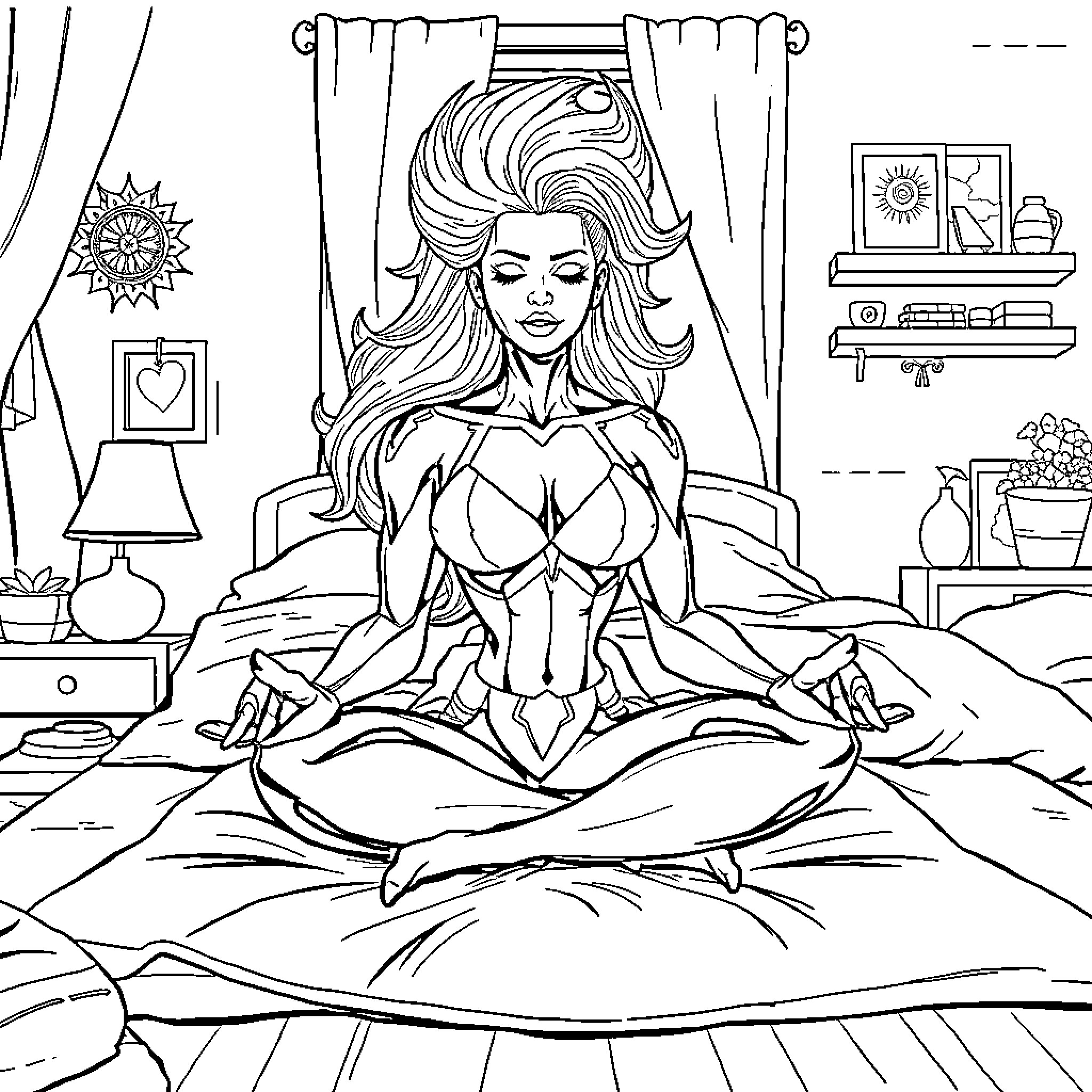 Storm of Inner Reflection in a Cozy Bedroom Coloring Page (free black-and-white line drawing printable PDF for all, from beginners to advanced learners, including children, teens, adults, and seniors)