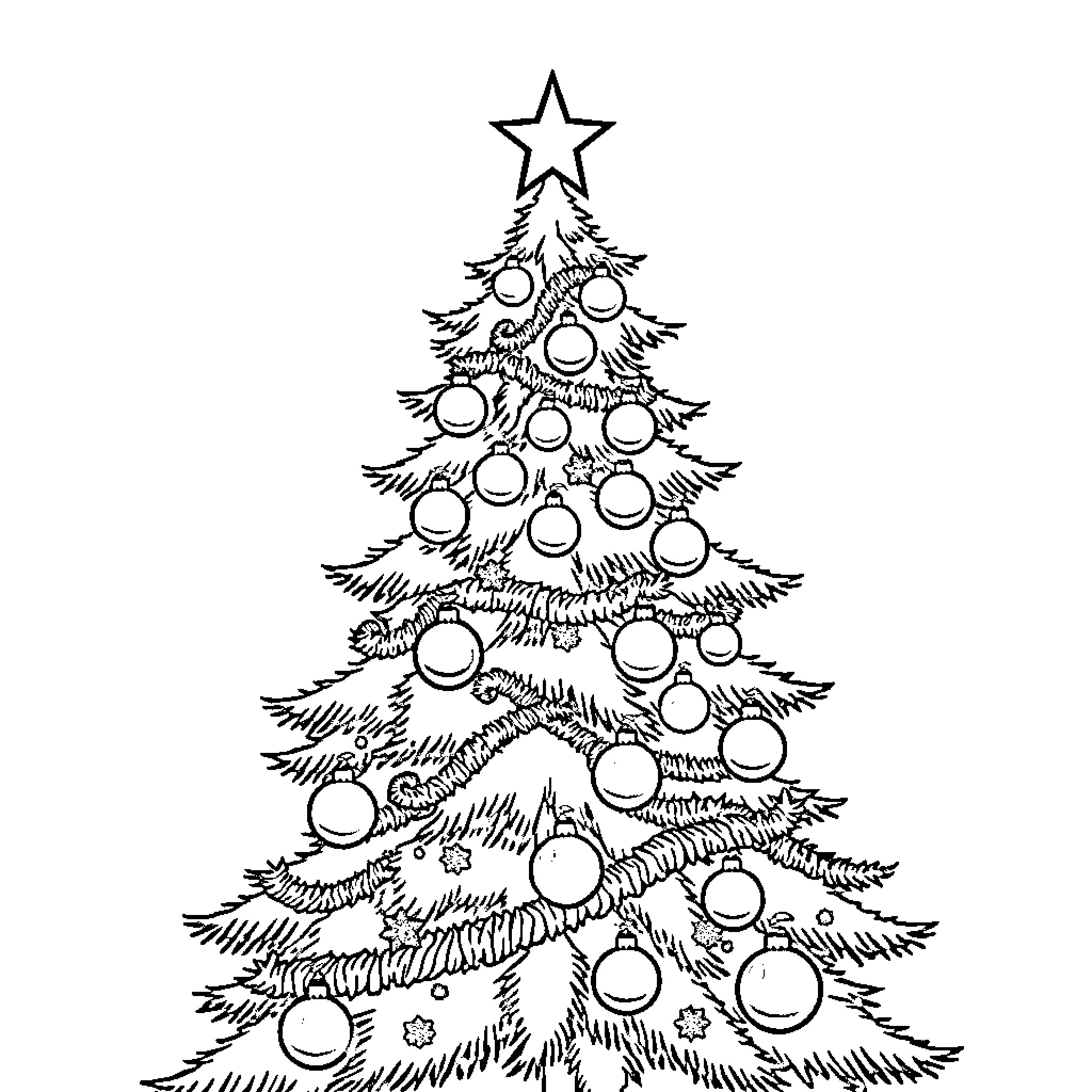 Christmas Tree with Ornaments and Star Coloring Page (free black-and-white line drawing printable PDF for all, from beginners to advanced learners, including children, teens, adults, and seniors)
