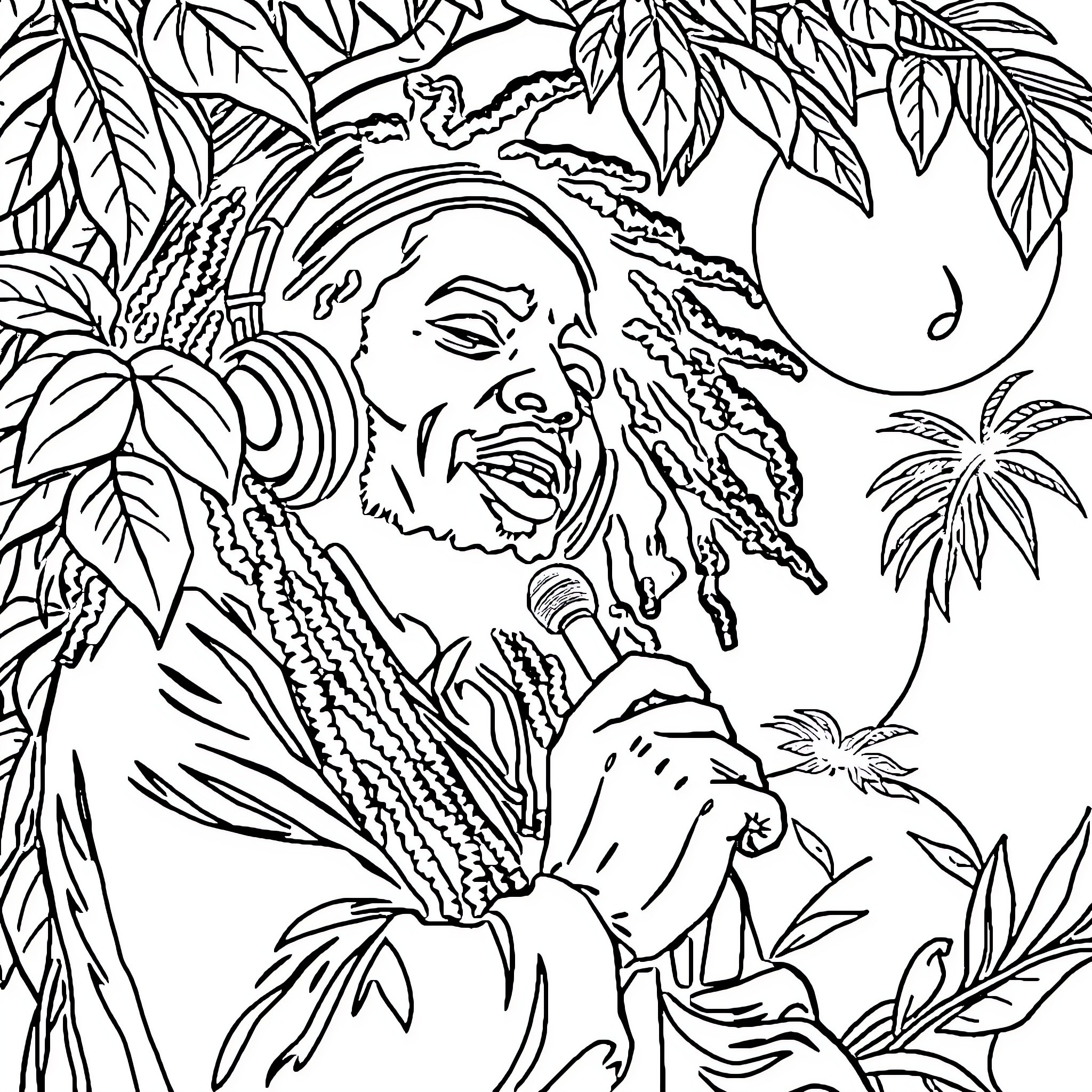 Reggae Singer Performing Passionately on Stage Coloring Page (free black-and-white line drawing printable PDF for all, from beginners to advanced learners, including children, teens, adults, and seniors)
