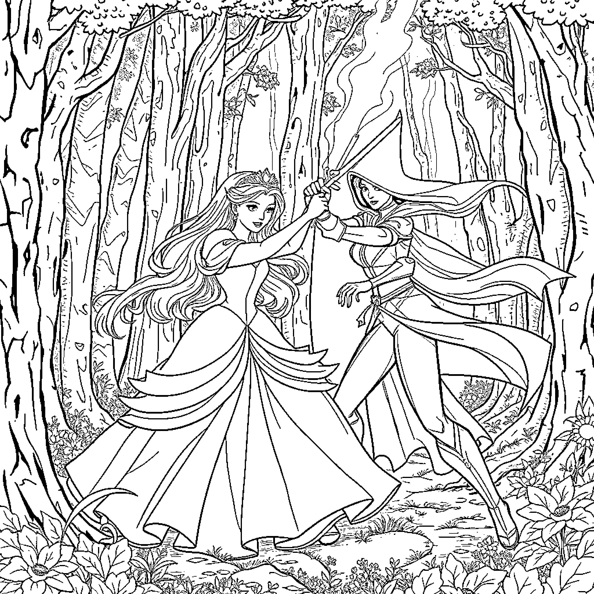 Aurora's Enchanted Forest Dance Coloring Page (free black-and-white line drawing printable PDF for all, from beginners to advanced learners, including children, teens, adults, and seniors)
