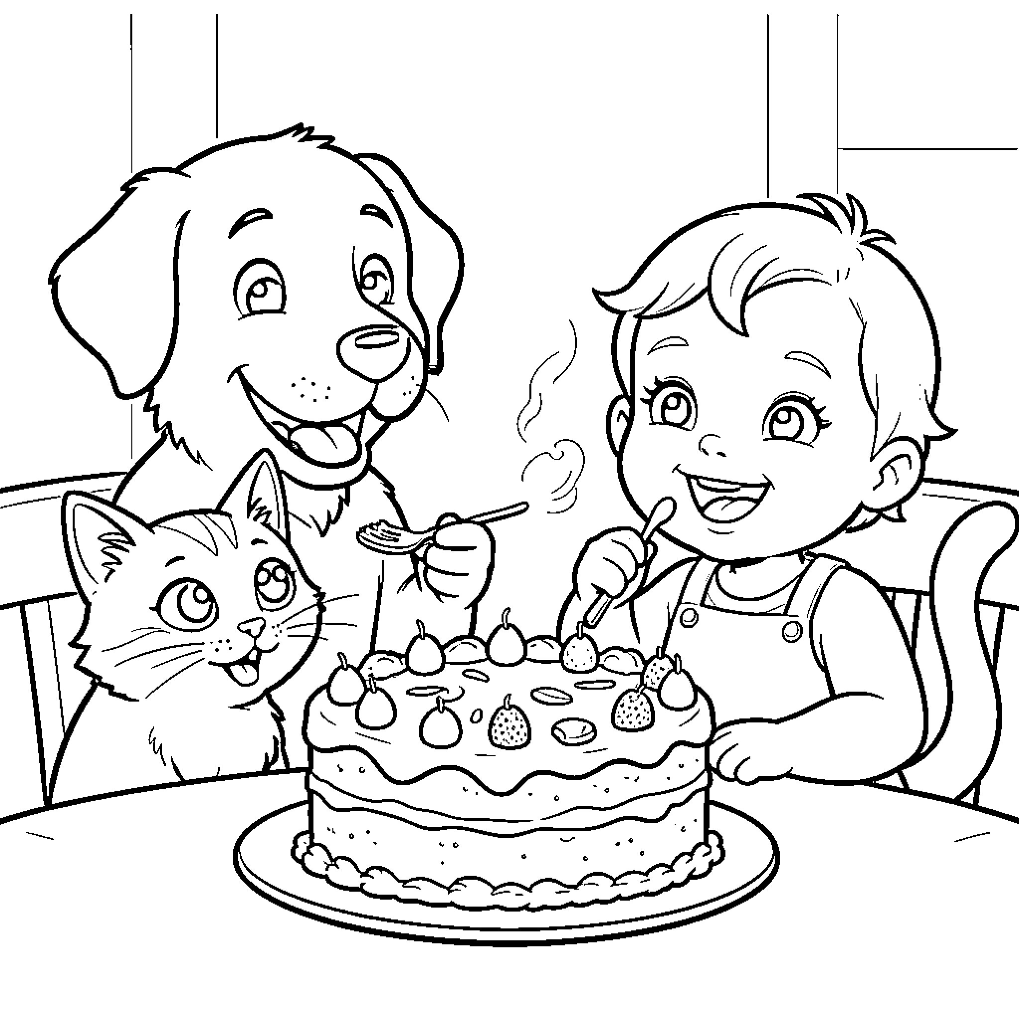 Dog, Cat, and Child Celebrating Birthday with Cake Coloring Page (free black-and-white line drawing printable PDF for all, from beginners to advanced learners, including children, teens, adults, and seniors)