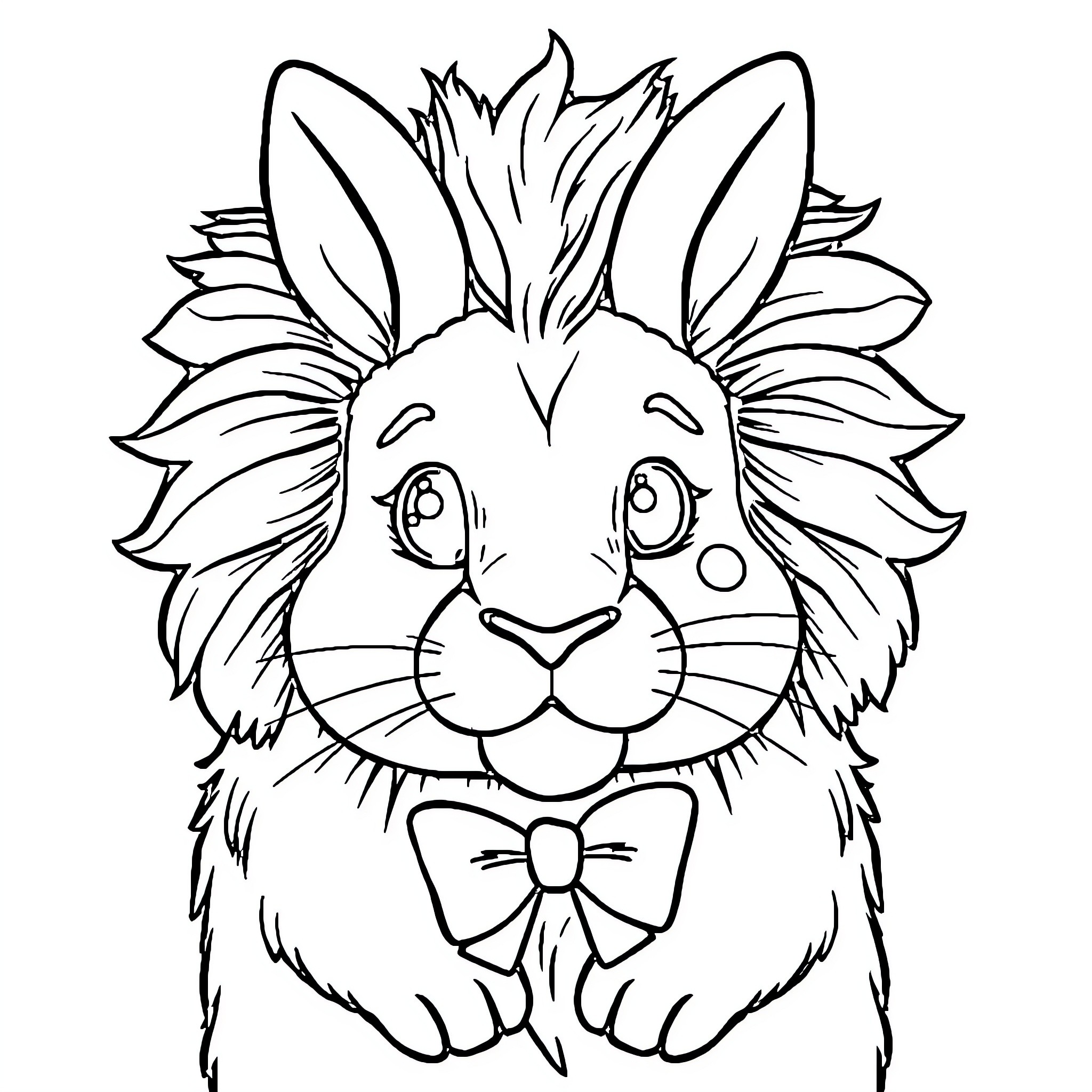 Rabbit with a Bow Tie and Fluffy Fur Coloring Page (free black-and-white line drawing printable PDF for all, from beginners to advanced learners, including children, teens, adults, and seniors)