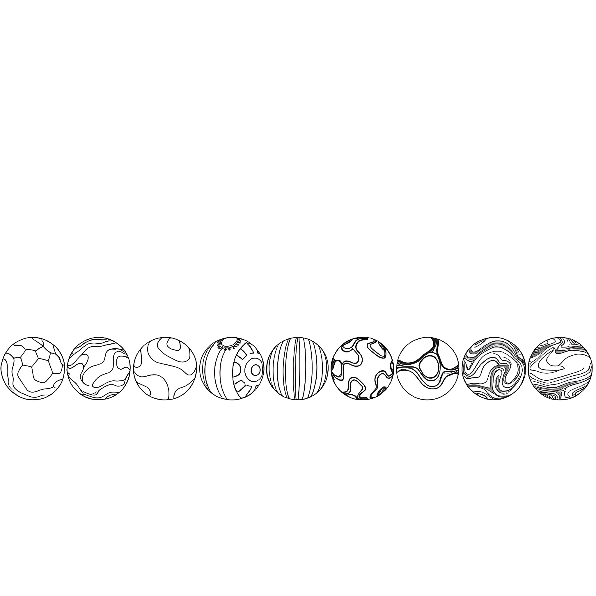 Ball designs in various abstract patterns Coloring Page (free black-and-white line drawing printable PDF for all, from beginners to advanced learners, including children, teens, adults, and seniors)