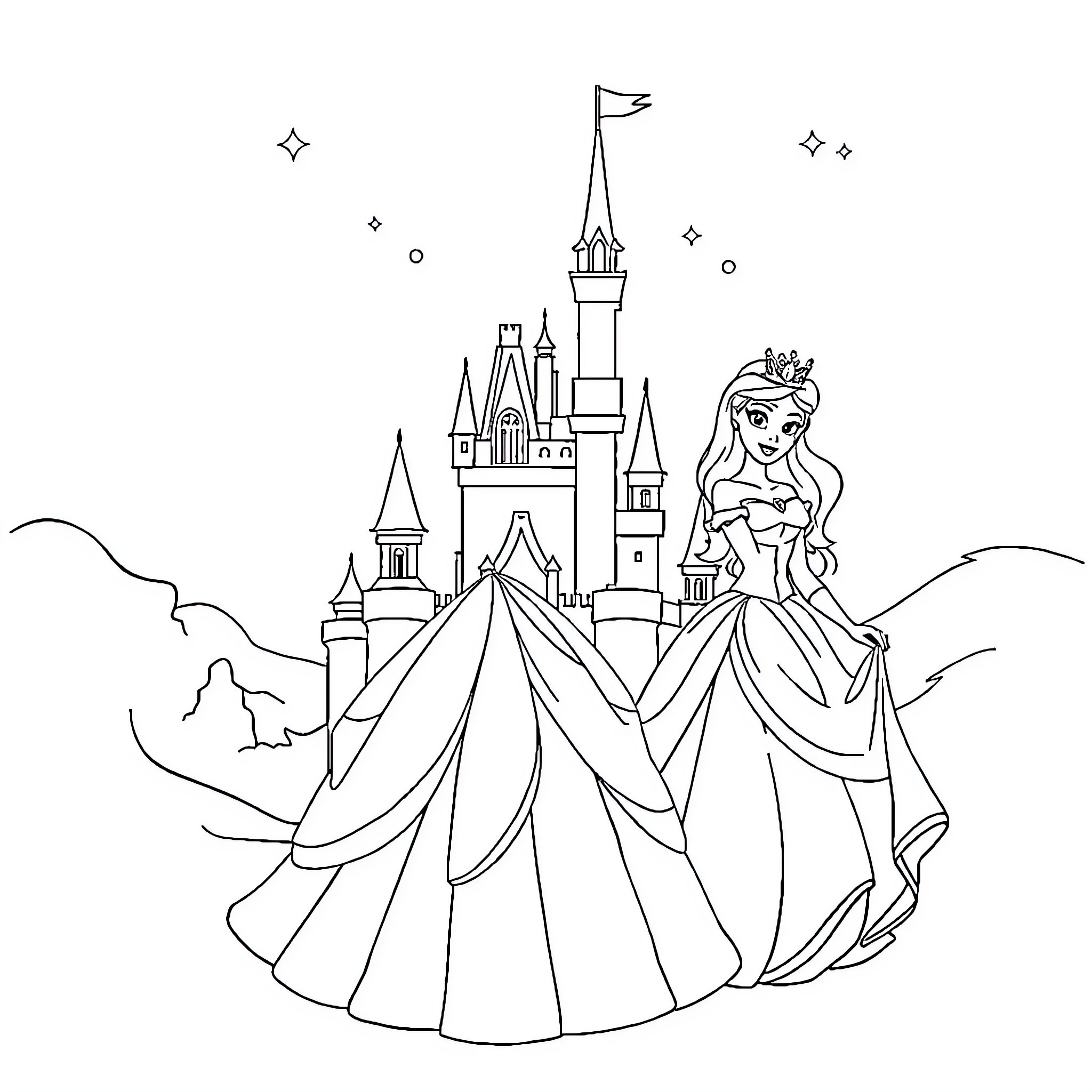 Disney Princess in a Magical Castle Landscape Coloring Page (free black-and-white line drawing printable PDF for all, from beginners to advanced learners, including children, teens, adults, and seniors)