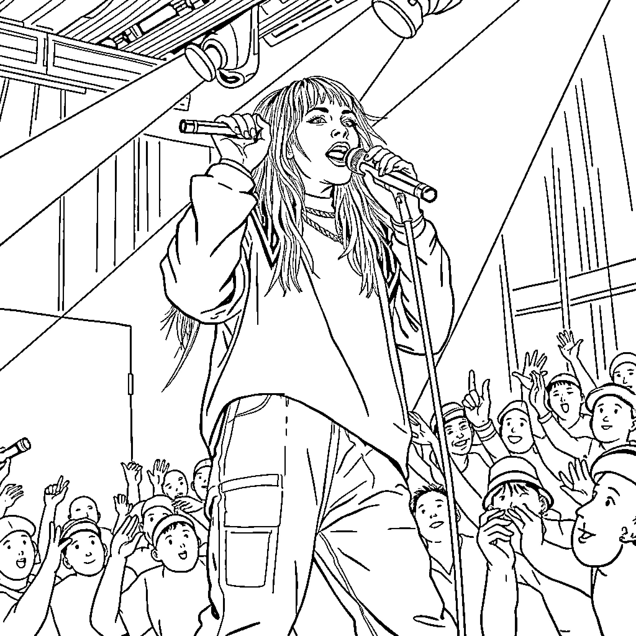 Billie Eilish performing on stage before an enthusiastic crowd Coloring Page (free black-and-white line drawing printable PDF for all, from beginners to advanced learners, including children, teens, adults, and seniors)