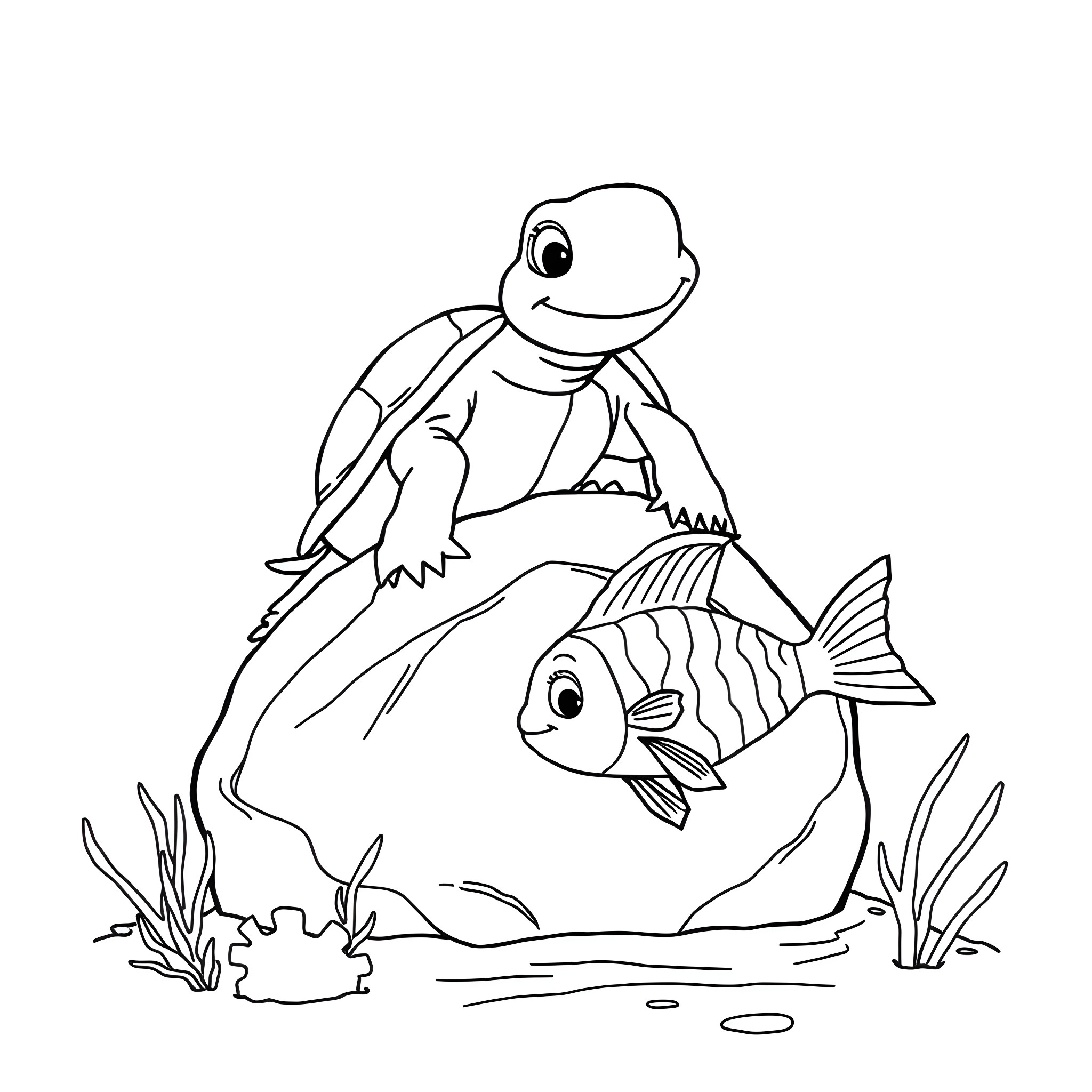 Turtle and fish in underwater scene Coloring Page (free black-and-white line drawing printable PDF for all, from beginners to advanced learners, including children, teens, adults, and seniors)