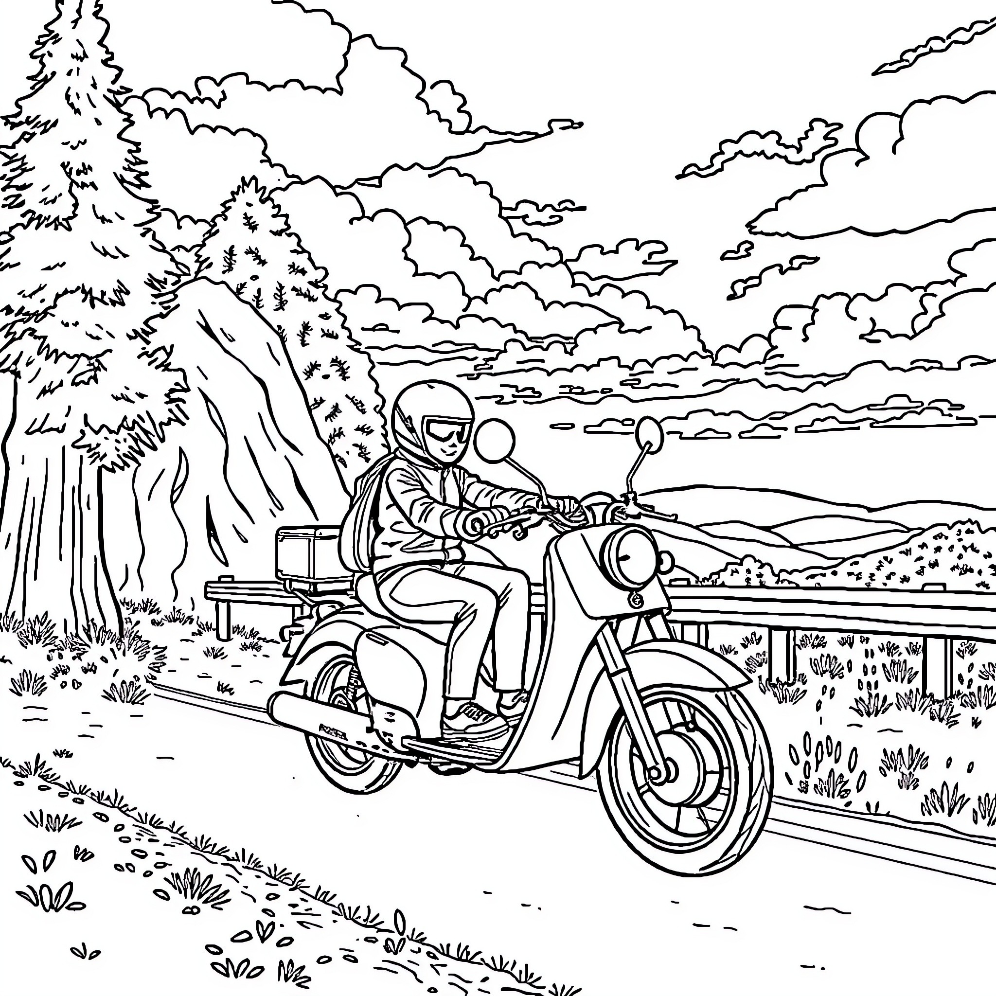 Stitch a Motorcycle Journey through Nature's Wonders Coloring Page (free black-and-white line drawing printable PDF for all, from beginners to advanced learners, including children, teens, adults, and seniors)