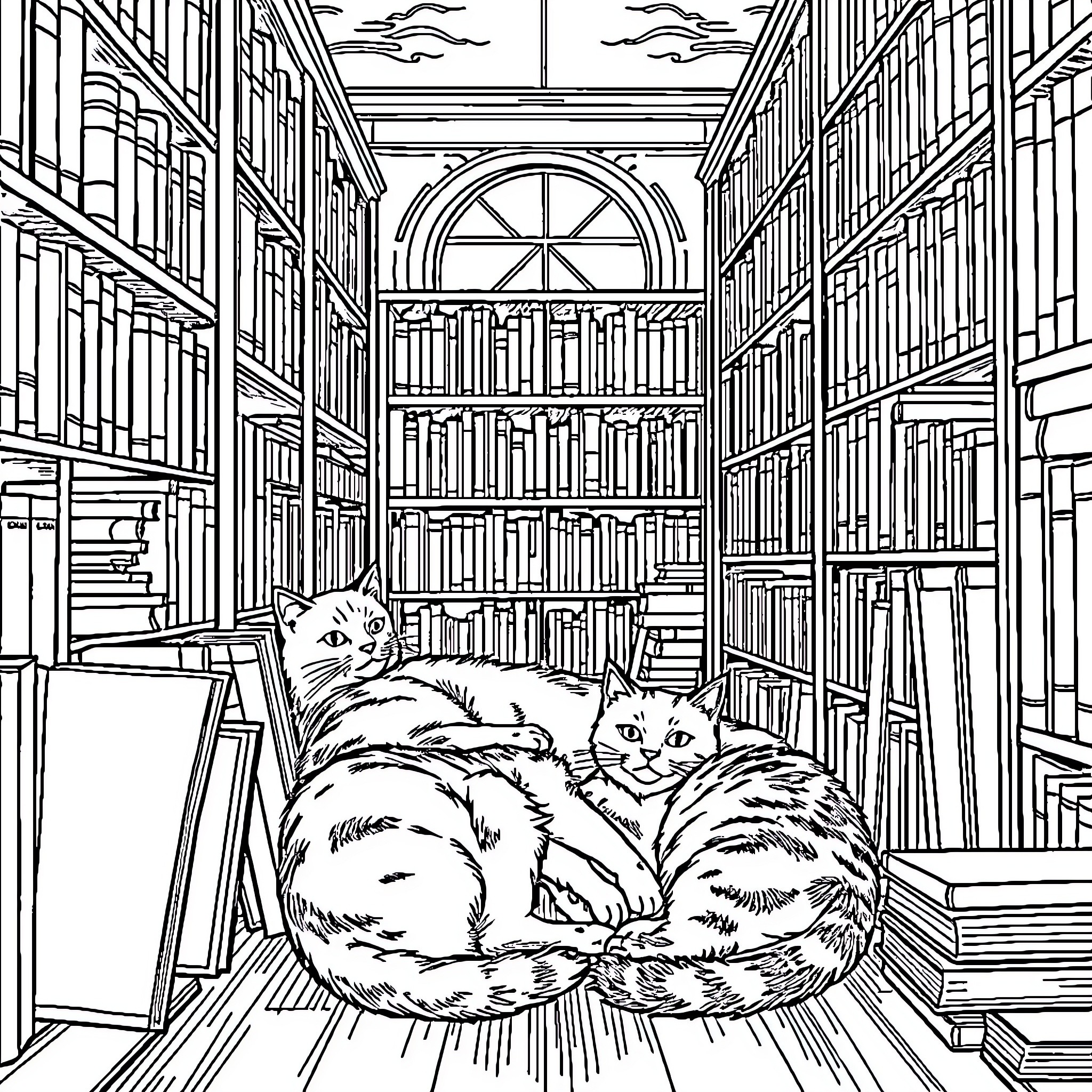 Cats lounging in a cozy library Coloring Page (free black-and-white line drawing printable PDF for all, from beginners to advanced learners, including children, teens, adults, and seniors)