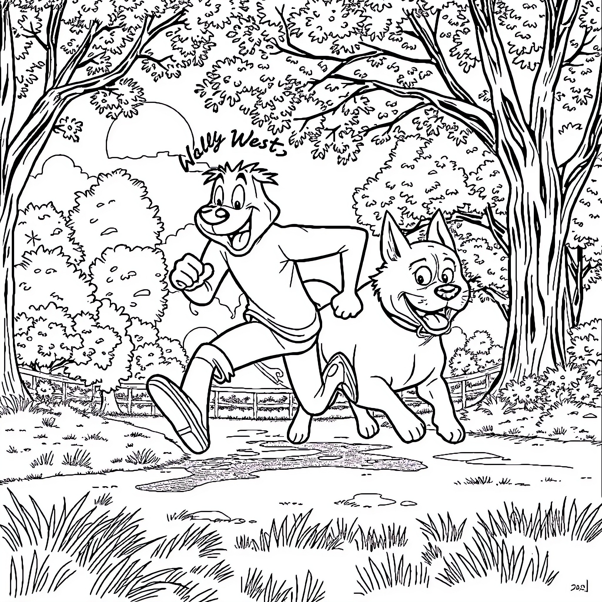 Wally West and his animal friend explore the forest Coloring Page (free black-and-white line drawing printable PDF for all, from beginners to advanced learners, including children, teens, adults, and seniors)