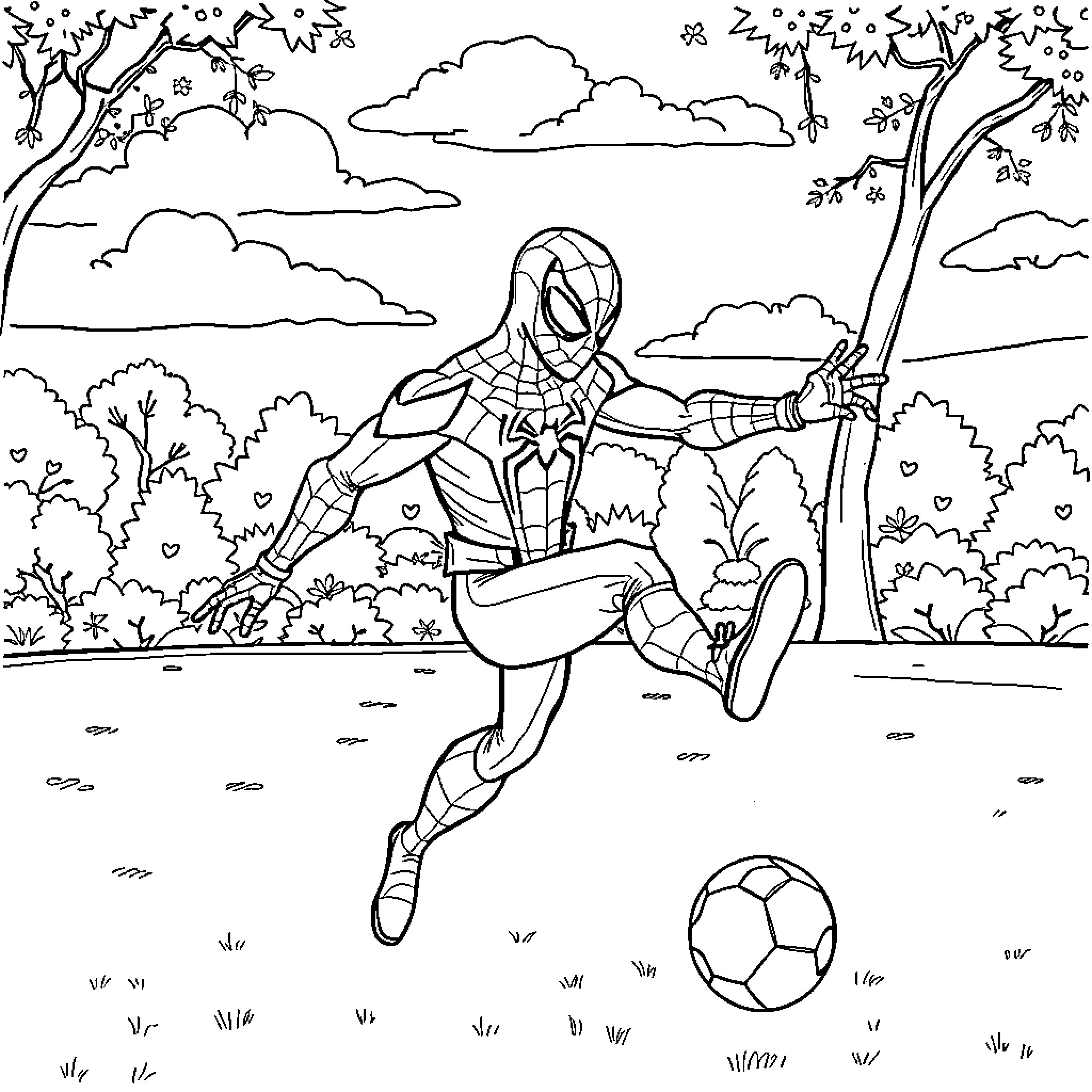 Spidy's Soccer Adventure in the Enchanted Forest Coloring Page (free black-and-white line drawing printable PDF for all, from beginners to advanced learners, including children, teens, adults, and seniors)