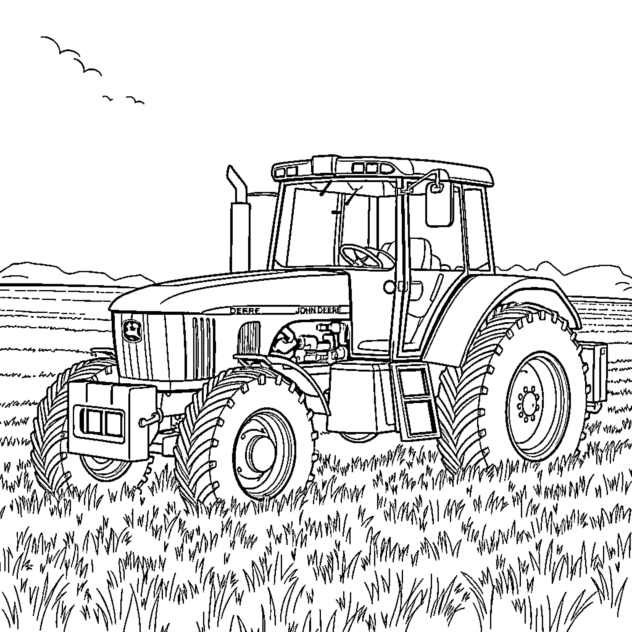 Tractor working in the field Coloring Page (free black-and-white line drawing printable PDF for all, from beginners to advanced learners, including children, teens, adults, and seniors)