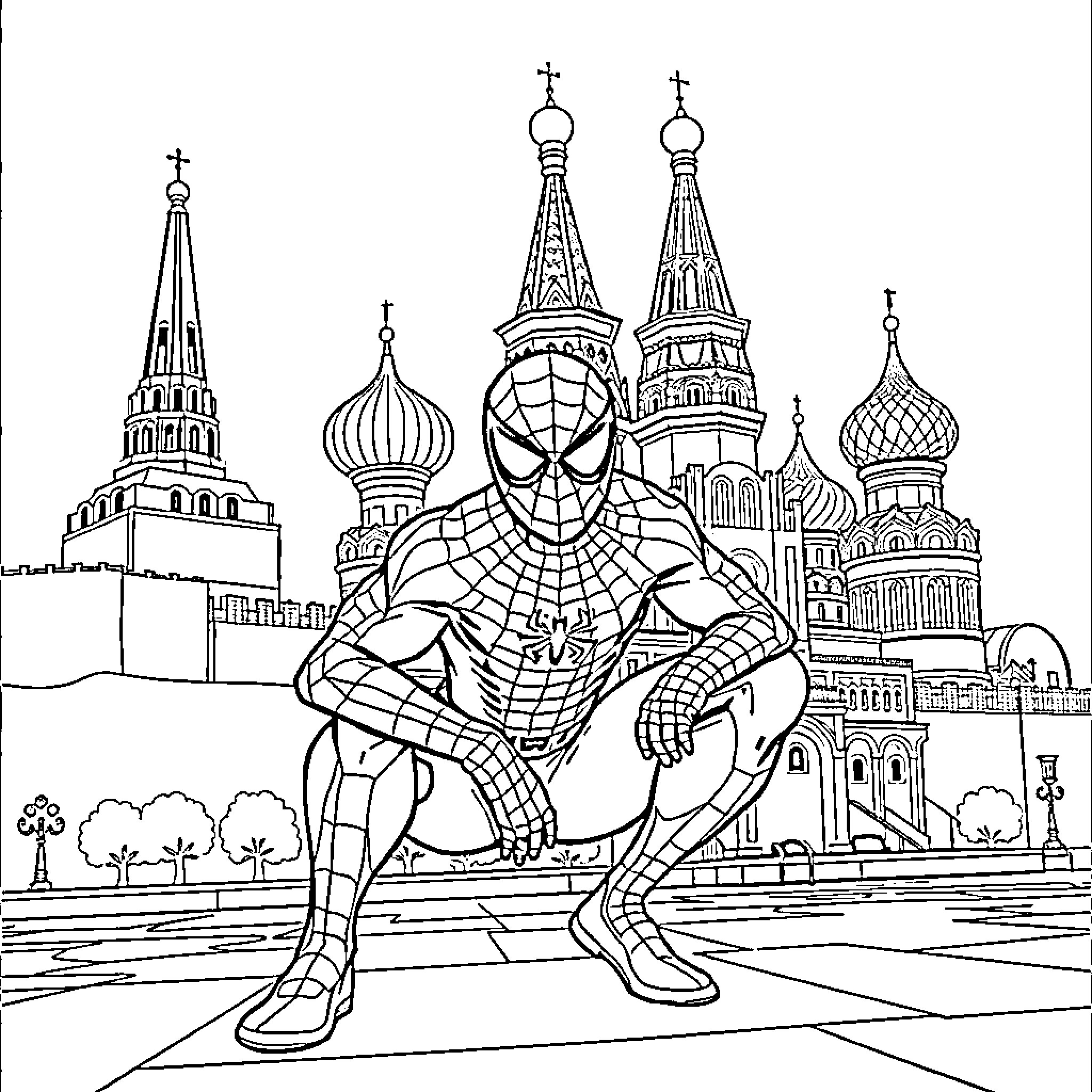 Spiderman swinging through a fantasy Russian city Coloring Page (free black-and-white line drawing printable PDF for all, from beginners to advanced learners, including children, teens, adults, and seniors)