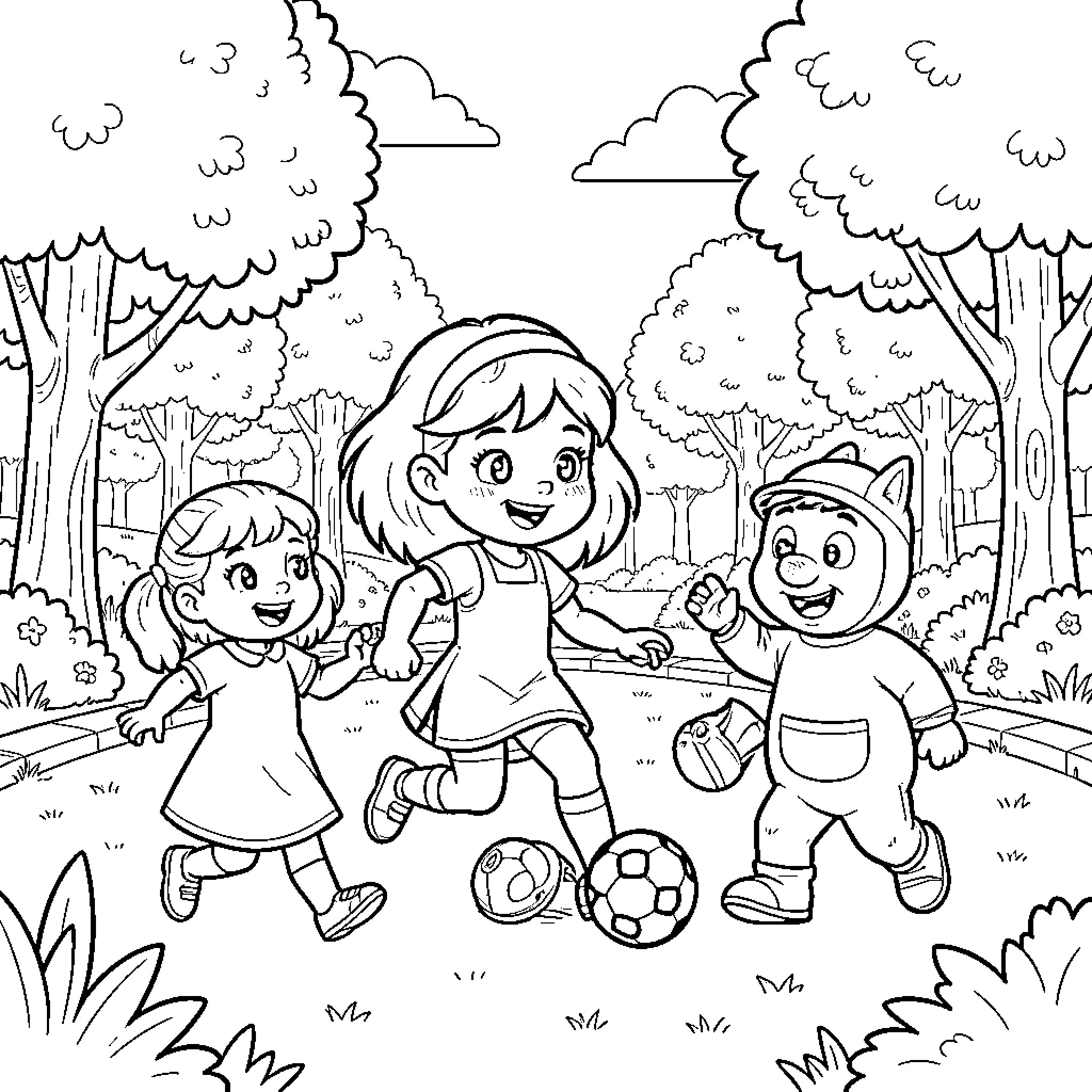 Dora playing soccer with friends in a park Coloring Page (free black-and-white line drawing printable PDF for all, from beginners to advanced learners, including children, teens, adults, and seniors)
