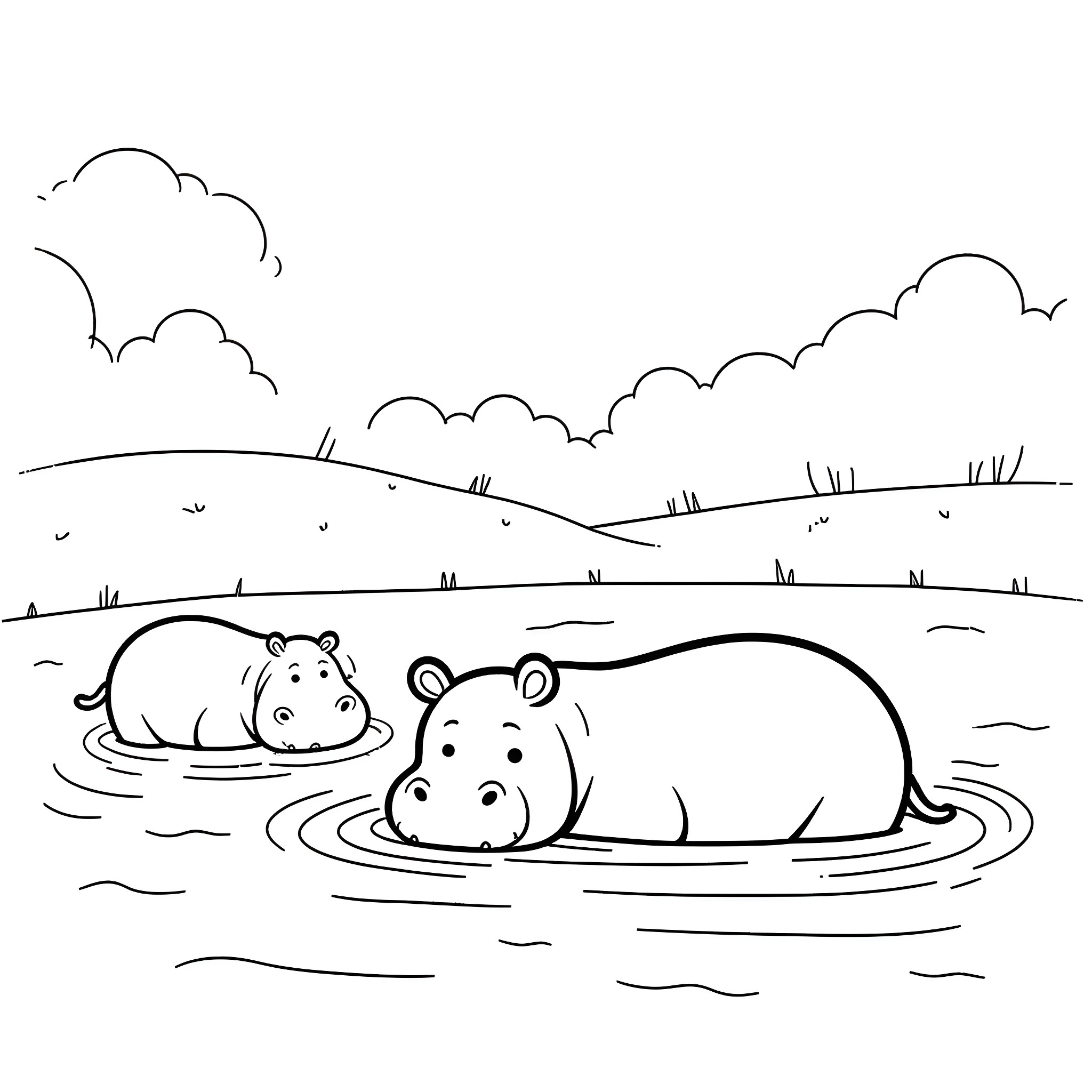 Hippos relaxing in the water Coloring Page (free black-and-white line drawing printable PDF for all, from beginners to advanced learners, including children, teens, adults, and seniors)