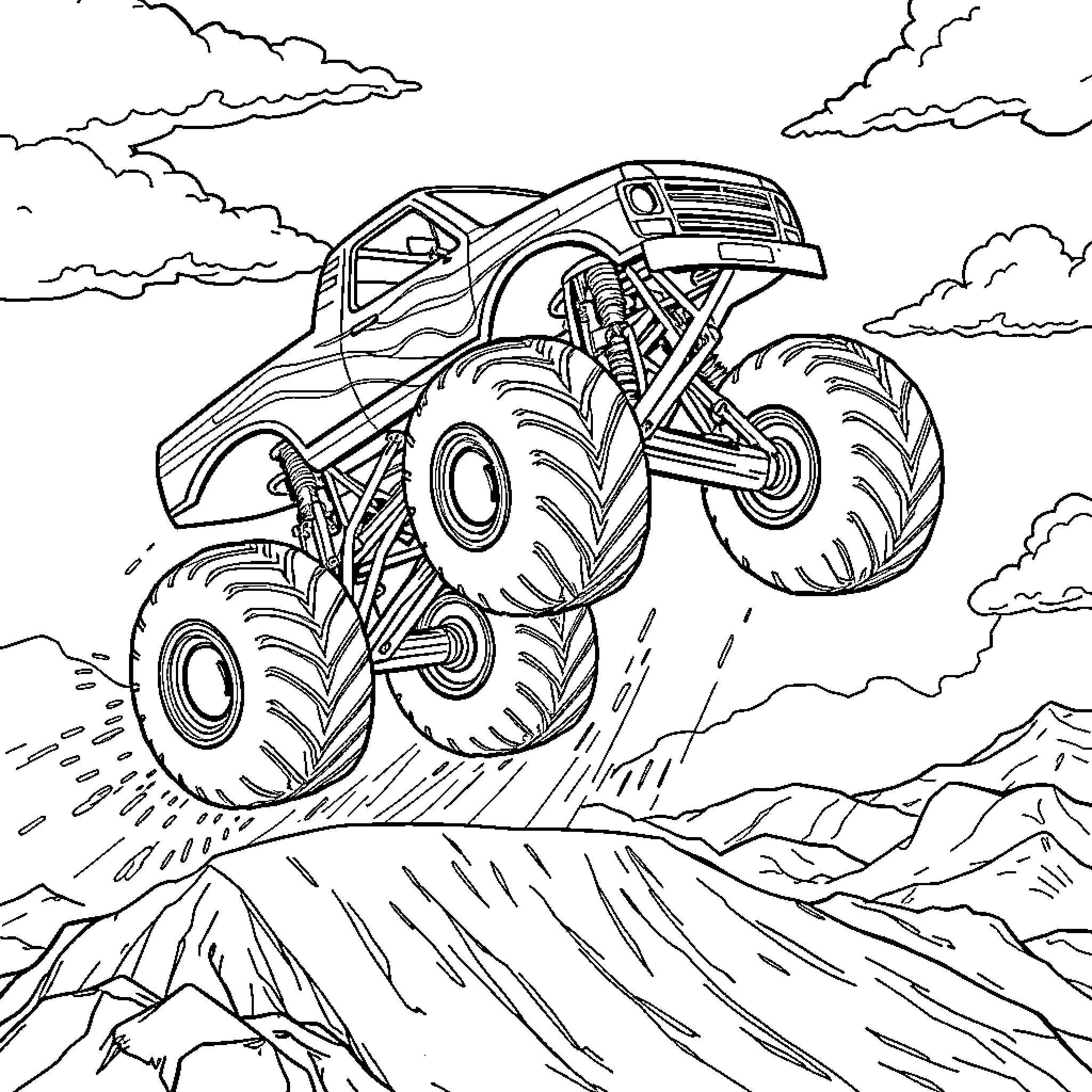 Monster Truck Racing Through Rugged Terrain Coloring Page (free black-and-white line drawing printable PDF for all, from beginners to advanced learners, including children, teens, adults, and seniors)