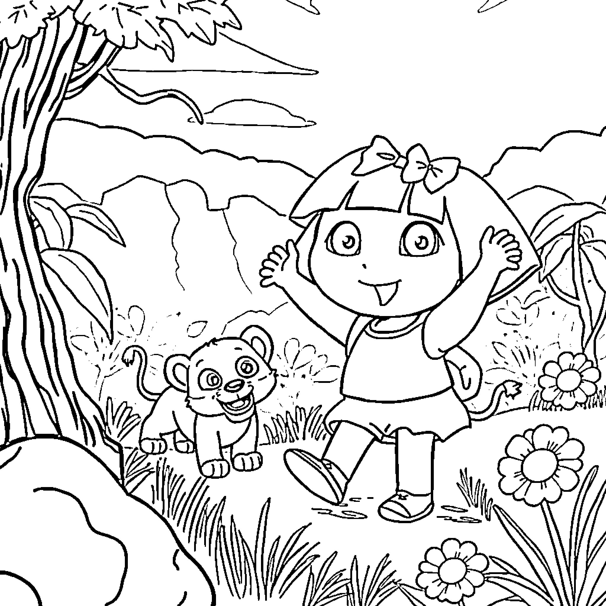 Lion Dora the Explorer and Puppy Adventure in the Jungle Coloring Page (free black-and-white line drawing printable PDF for all, from beginners to advanced learners, including children, teens, adults, and seniors)