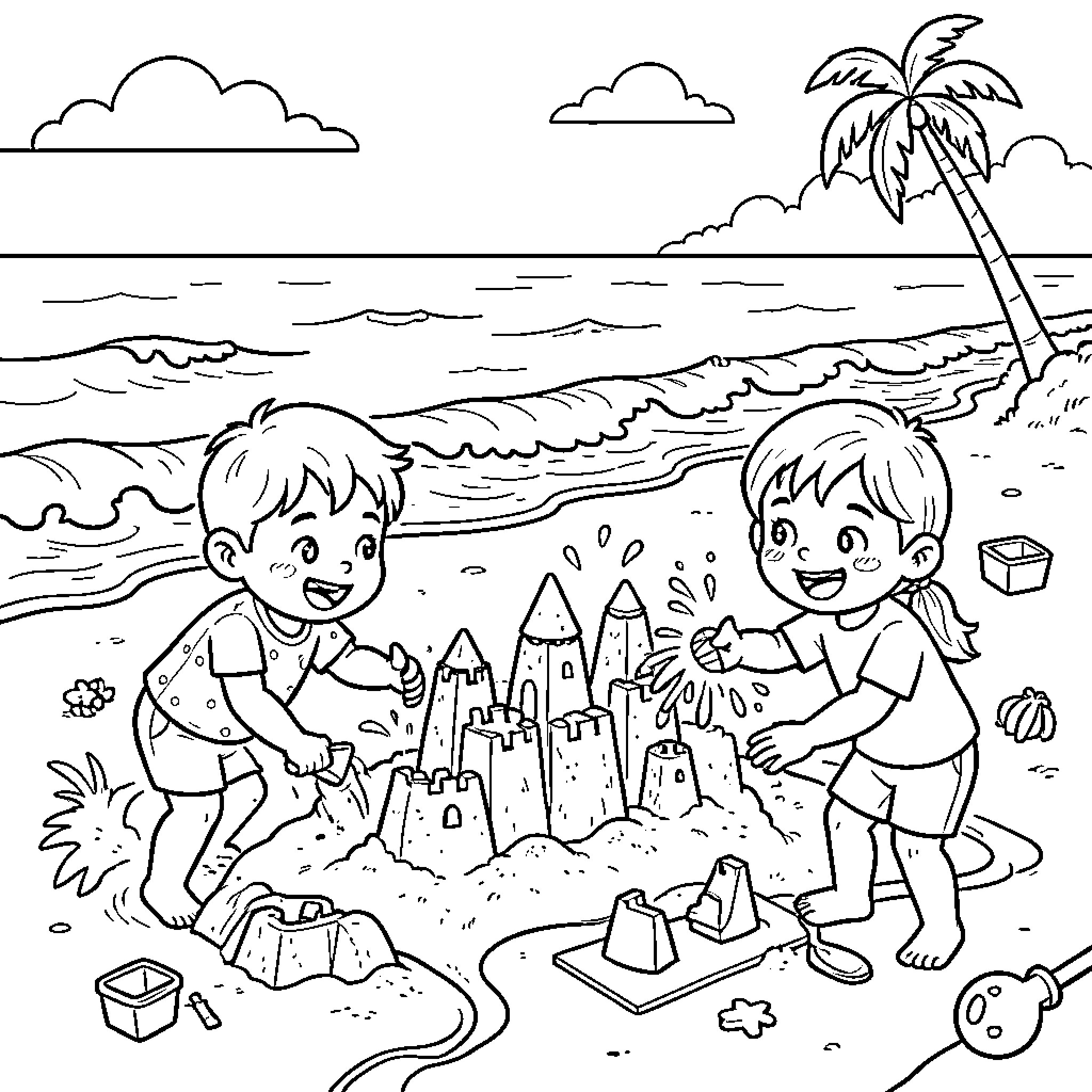 Kid building a sandcastle together on the beach Coloring Page (free black-and-white line drawing printable PDF for all, from beginners to advanced learners, including children, teens, adults, and seniors)