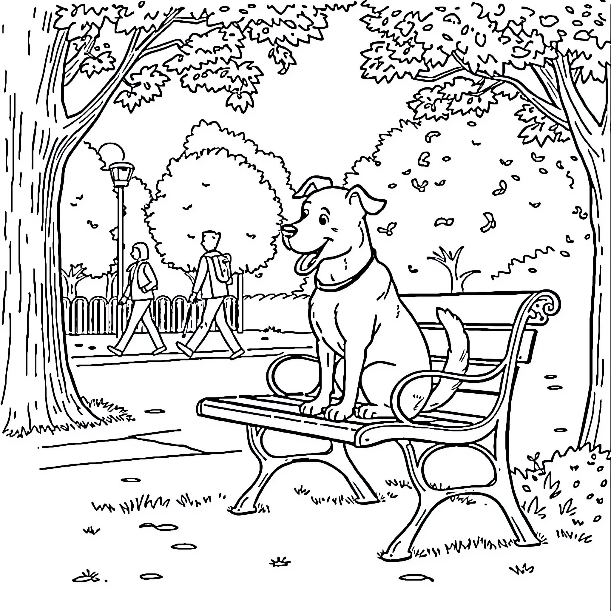 Dog sitting on bench in park with people walking by Coloring Page (free black-and-white line drawing printable PDF for all, from beginners to advanced learners, including children, teens, adults, and seniors)