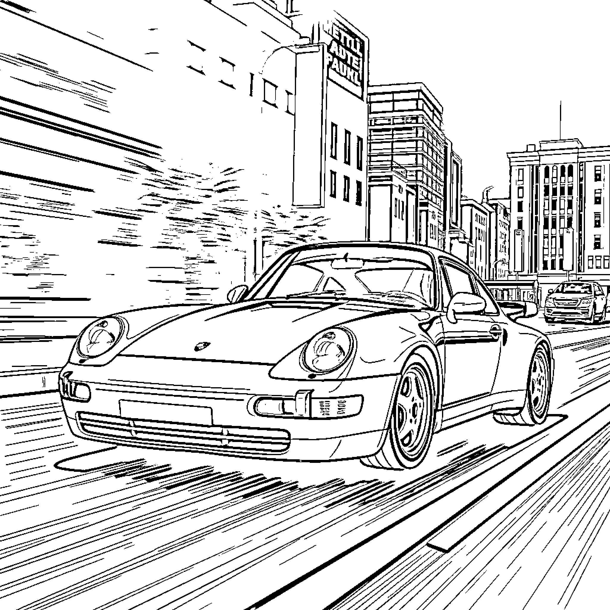 Porsche racing through the city streets Coloring Page (free black-and-white line drawing printable PDF for all, from beginners to advanced learners, including children, teens, adults, and seniors)