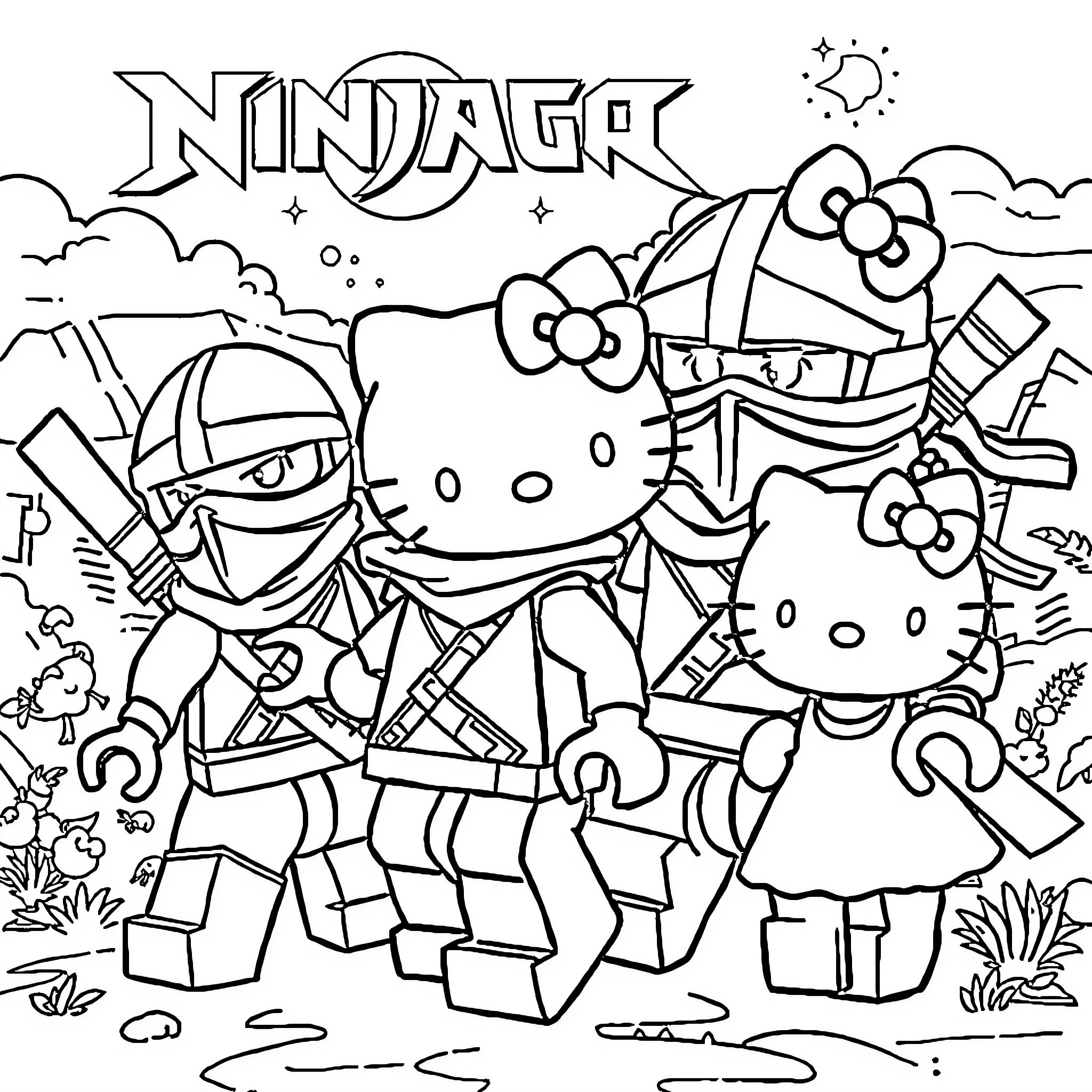 Ninjago characters in action-packed adventure Coloring Page (free black-and-white line drawing printable PDF for all, from beginners to advanced learners, including children, teens, adults, and seniors)