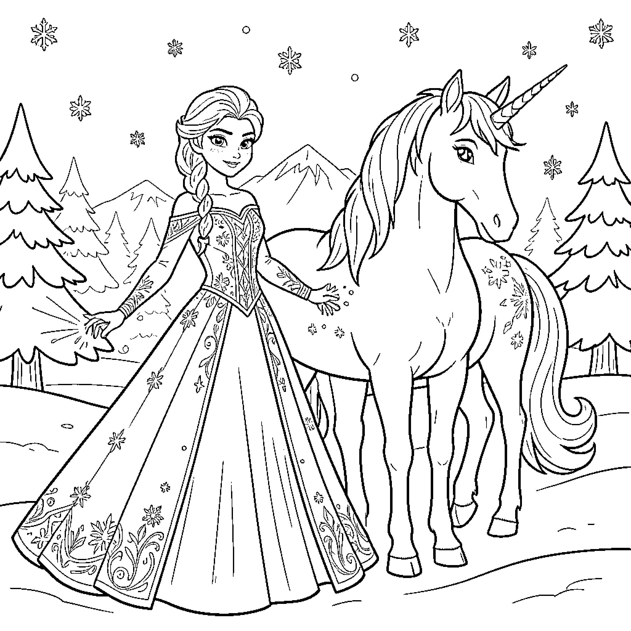 Unicorn standing beside a princess in a snowy landscape Coloring Page (free black-and-white line drawing printable PDF for all, from beginners to advanced learners, including children, teens, adults, and seniors)