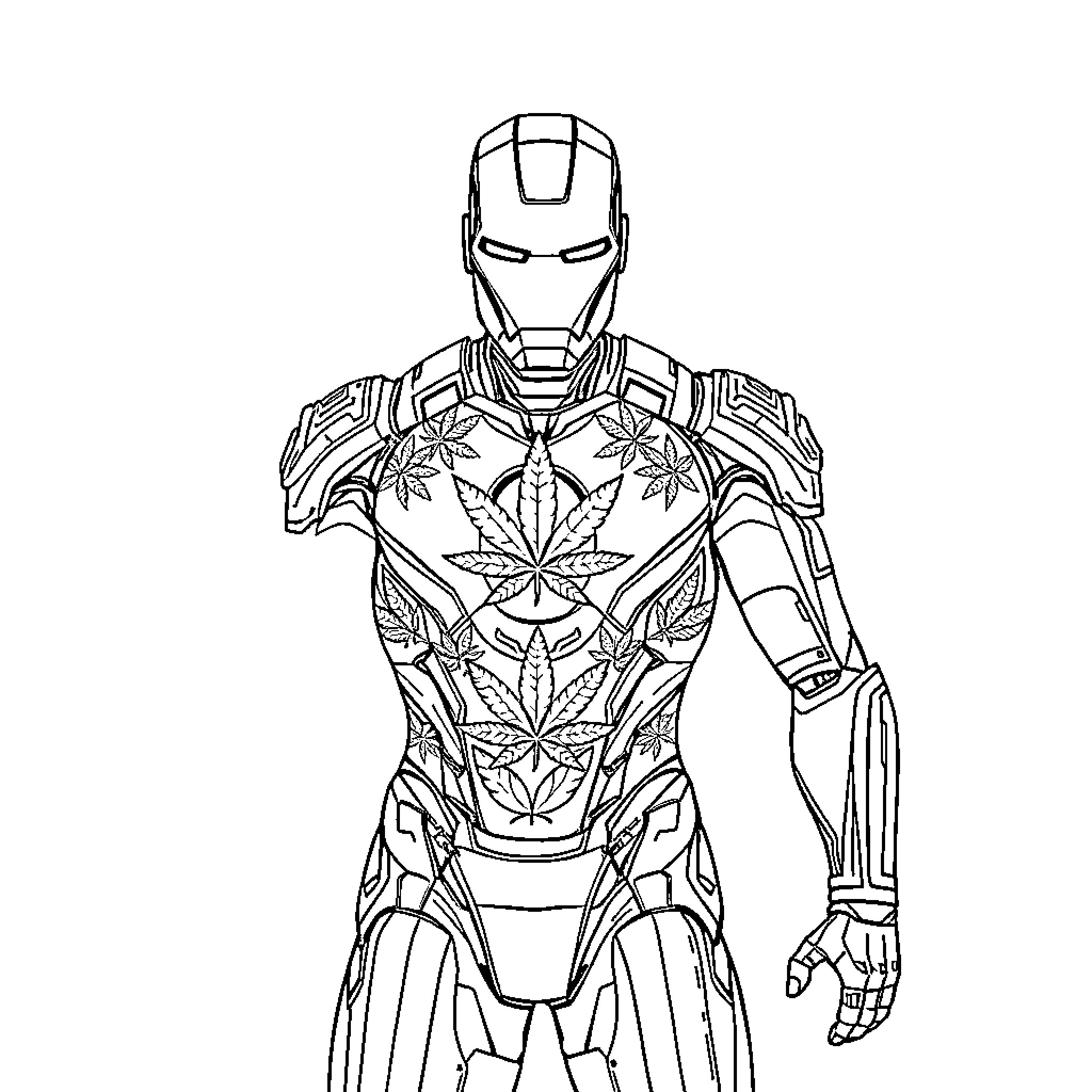 Marijuana-themed superhero in futuristic armor Coloring Page (free black-and-white line drawing printable PDF for all, from beginners to advanced learners, including children, teens, adults, and seniors)