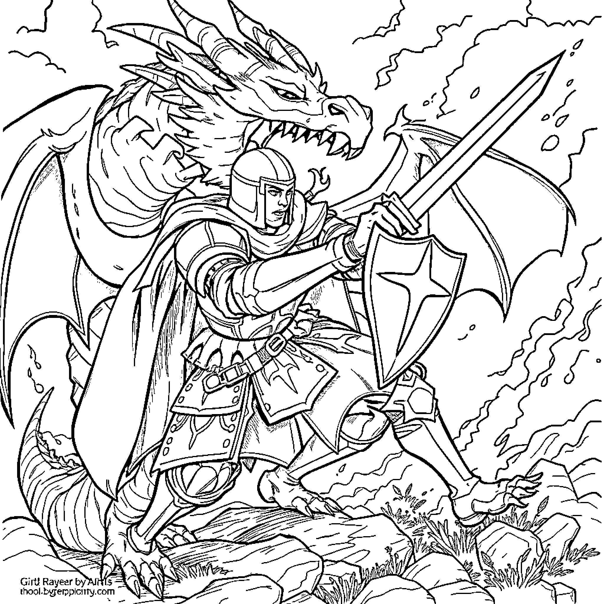 Knight battling the fearsome dragon Coloring Page (free black-and-white line drawing printable PDF for all, from beginners to advanced learners, including children, teens, adults, and seniors)
