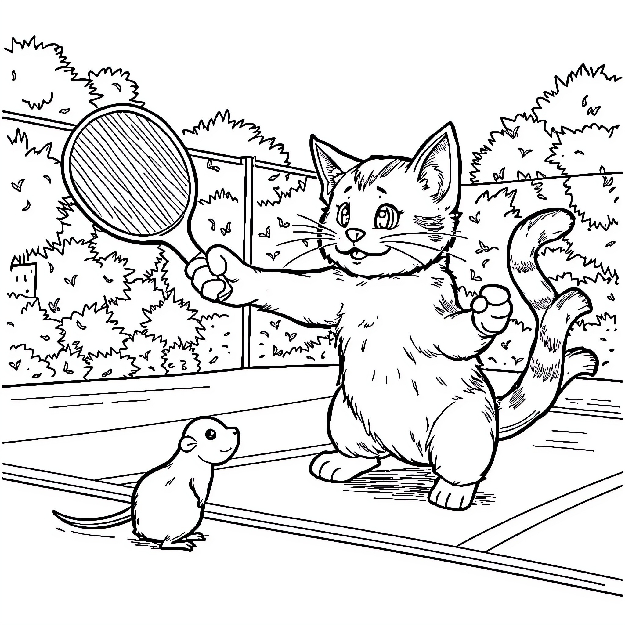 Cat chasing a butterfly with a net Coloring Page (free black-and-white line drawing printable PDF for all, from beginners to advanced learners, including children, teens, adults, and seniors)