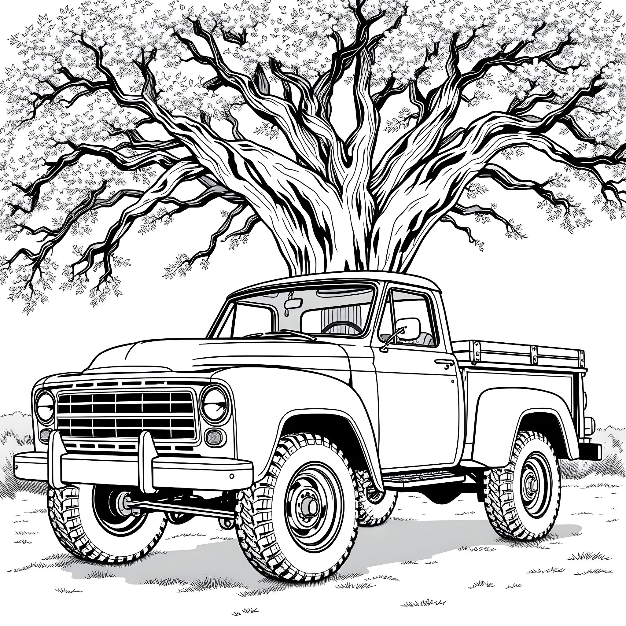 Truck parked under blooming tree Coloring Page (free black-and-white line drawing printable PDF for all, from beginners to advanced learners, including children, teens, adults, and seniors)