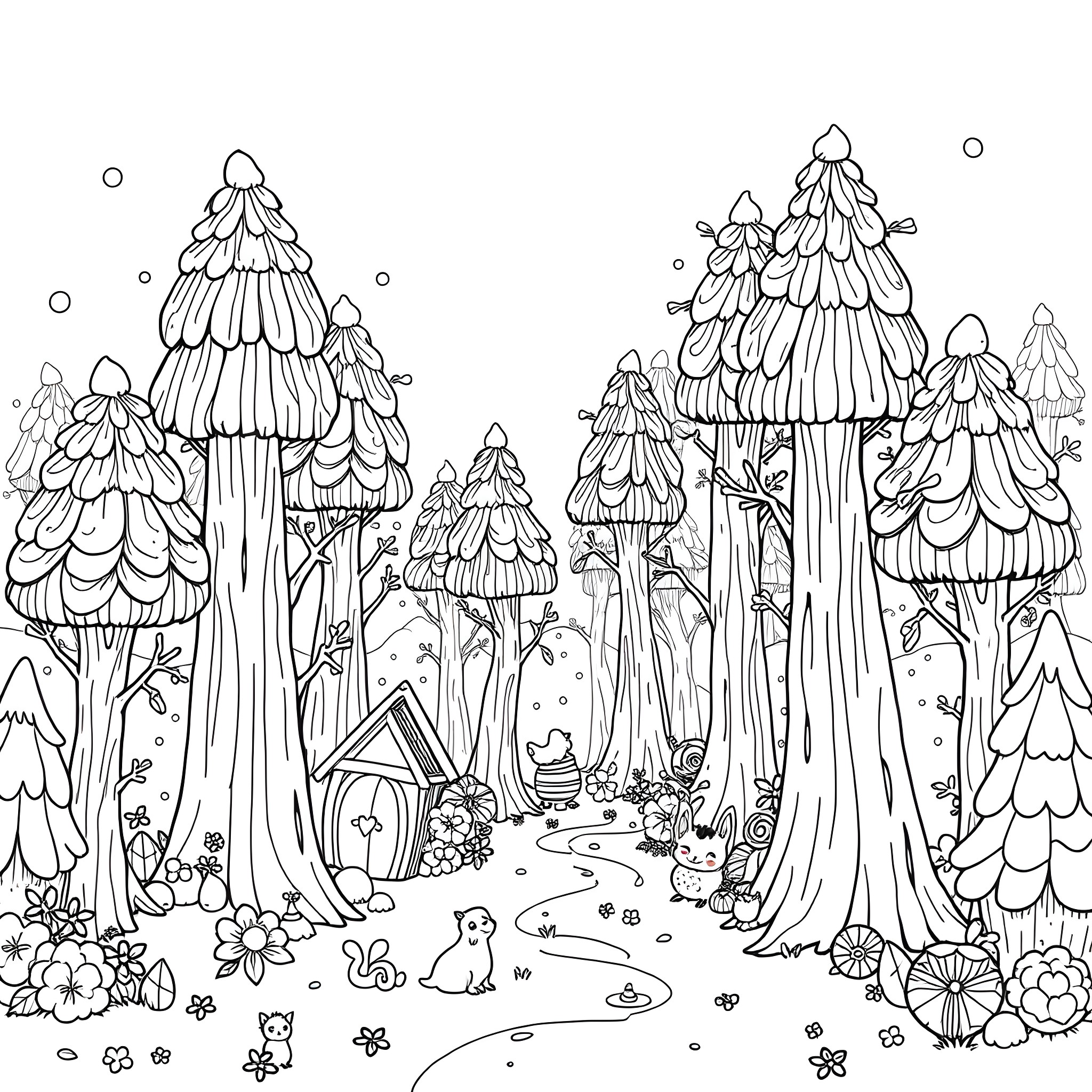 Cupcake forest filled with whimsical creatures Coloring Page (free black-and-white line drawing printable PDF for all, from beginners to advanced learners, including children, teens, adults, and seniors)