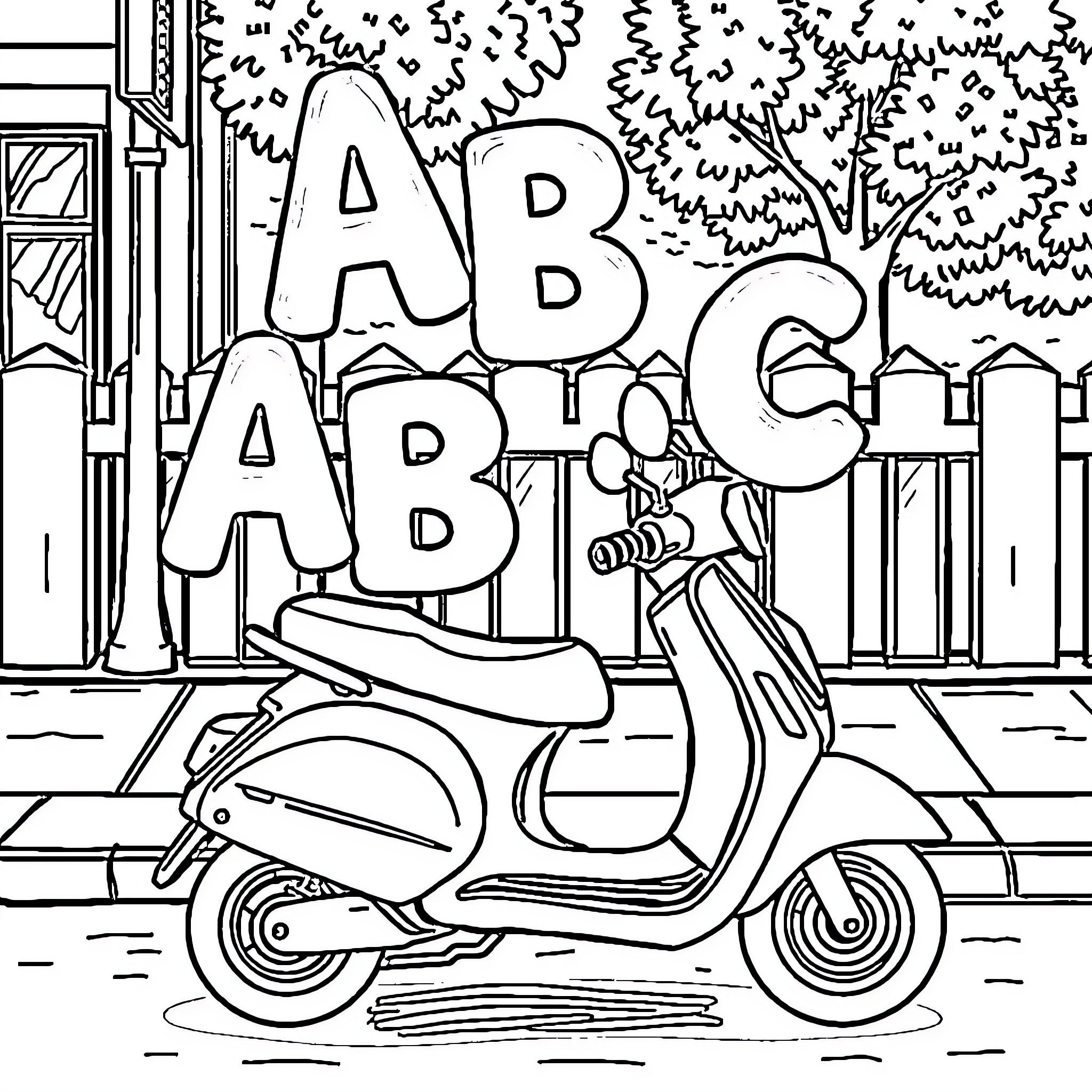 ABC Street Scooter Scene Coloring Page (free black-and-white line drawing printable PDF for all, from beginners to advanced learners, including children, teens, adults, and seniors)
