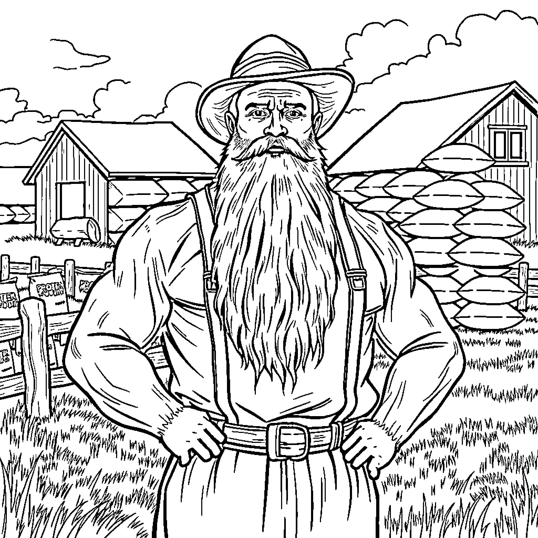 Amish Man Standing Proudly in Farmland Coloring Page (free black-and-white line drawing printable PDF for all, from beginners to advanced learners, including children, teens, adults, and seniors)