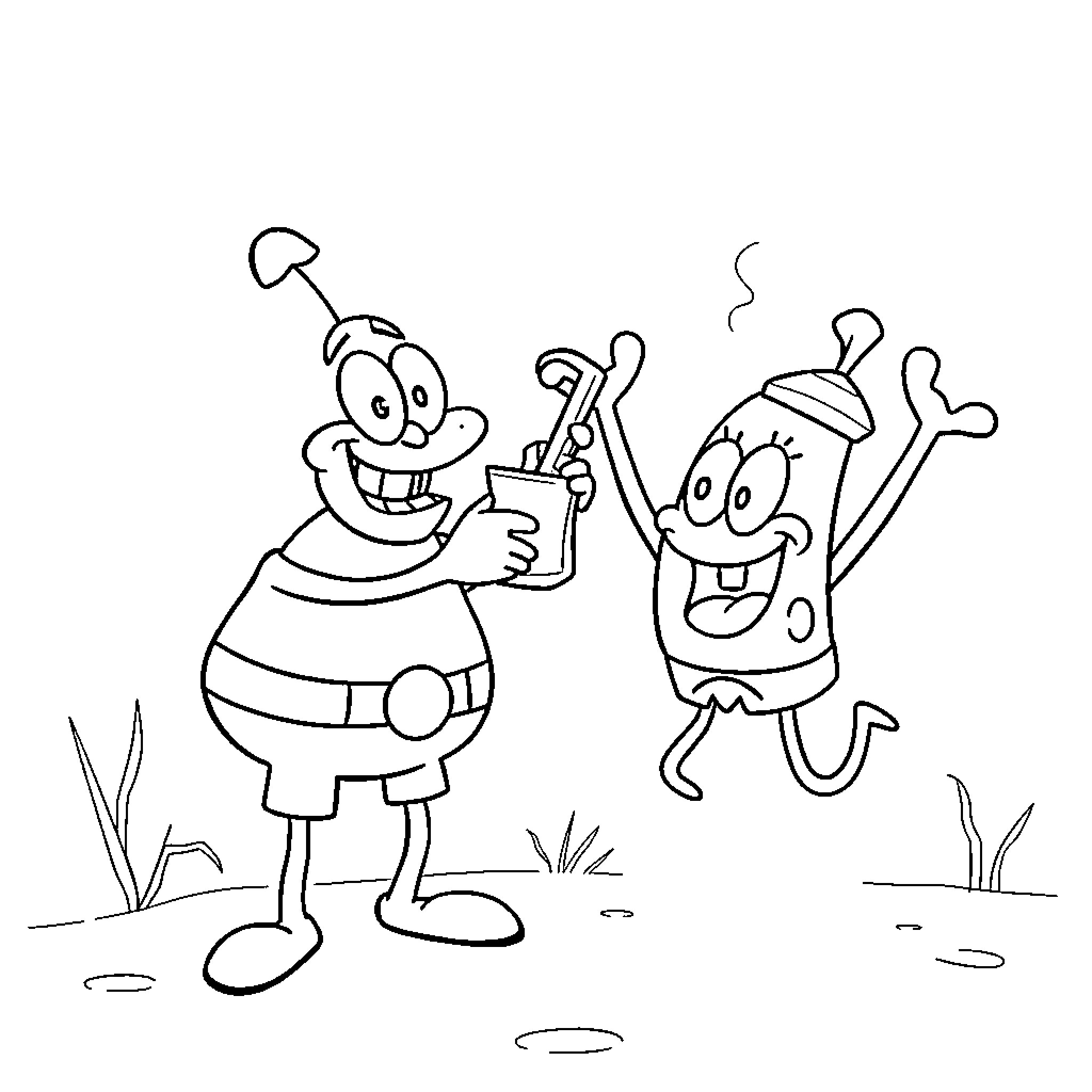 Mr. Krabs and SpongeBob Enjoying Outdoor Adventure Coloring Page (free black-and-white line drawing printable PDF for all, from beginners to advanced learners, including children, teens, adults, and seniors)