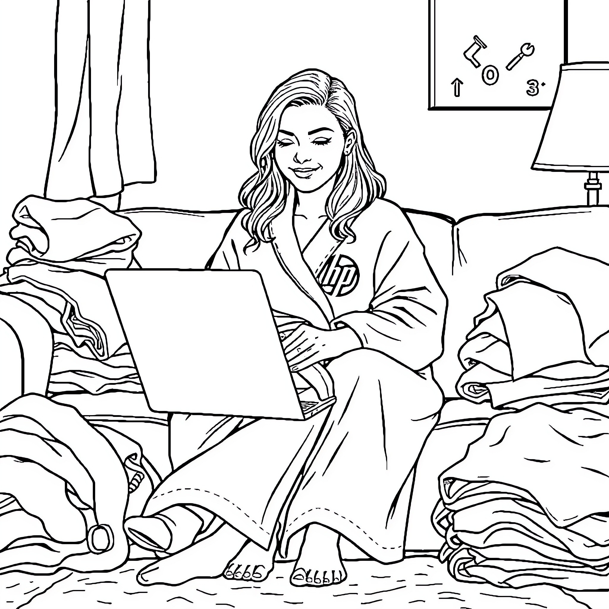Woman relaxing with laptop in cozy bedroom Coloring Page (free black-and-white line drawing printable PDF for all, from beginners to advanced learners, including children, teens, adults, and seniors)