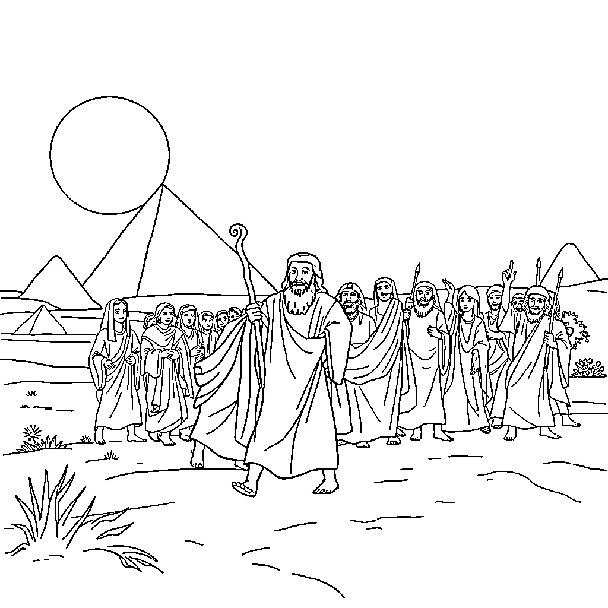 Moses Leading the Israelites through the Wilderness Coloring Page (free black-and-white line drawing printable PDF for all, from beginners to advanced learners, including children, teens, adults, and seniors)