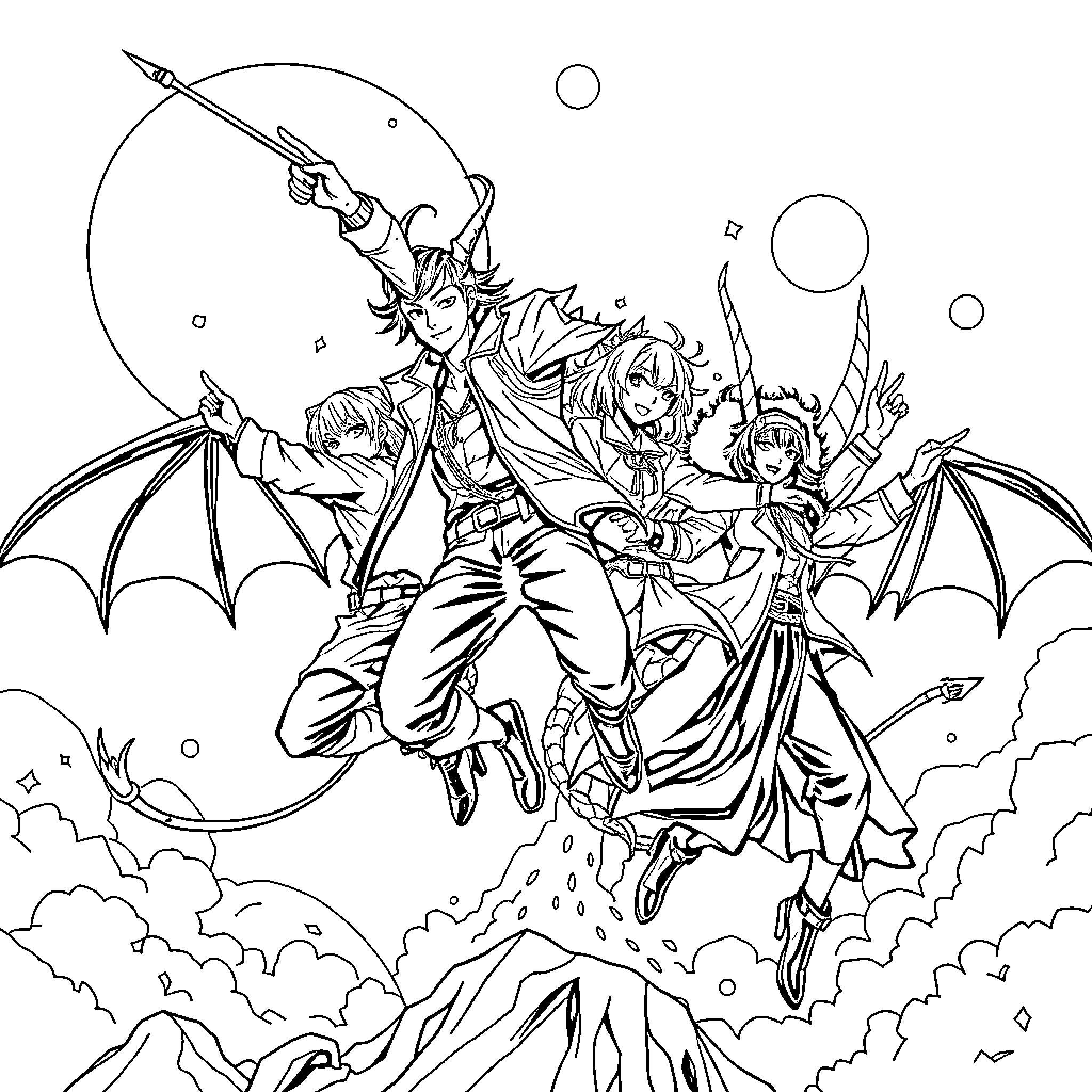 Demon Hunter and Companions Soaring Heroically Coloring Page (free black-and-white line drawing printable PDF for all, from beginners to advanced learners, including children, teens, adults, and seniors)