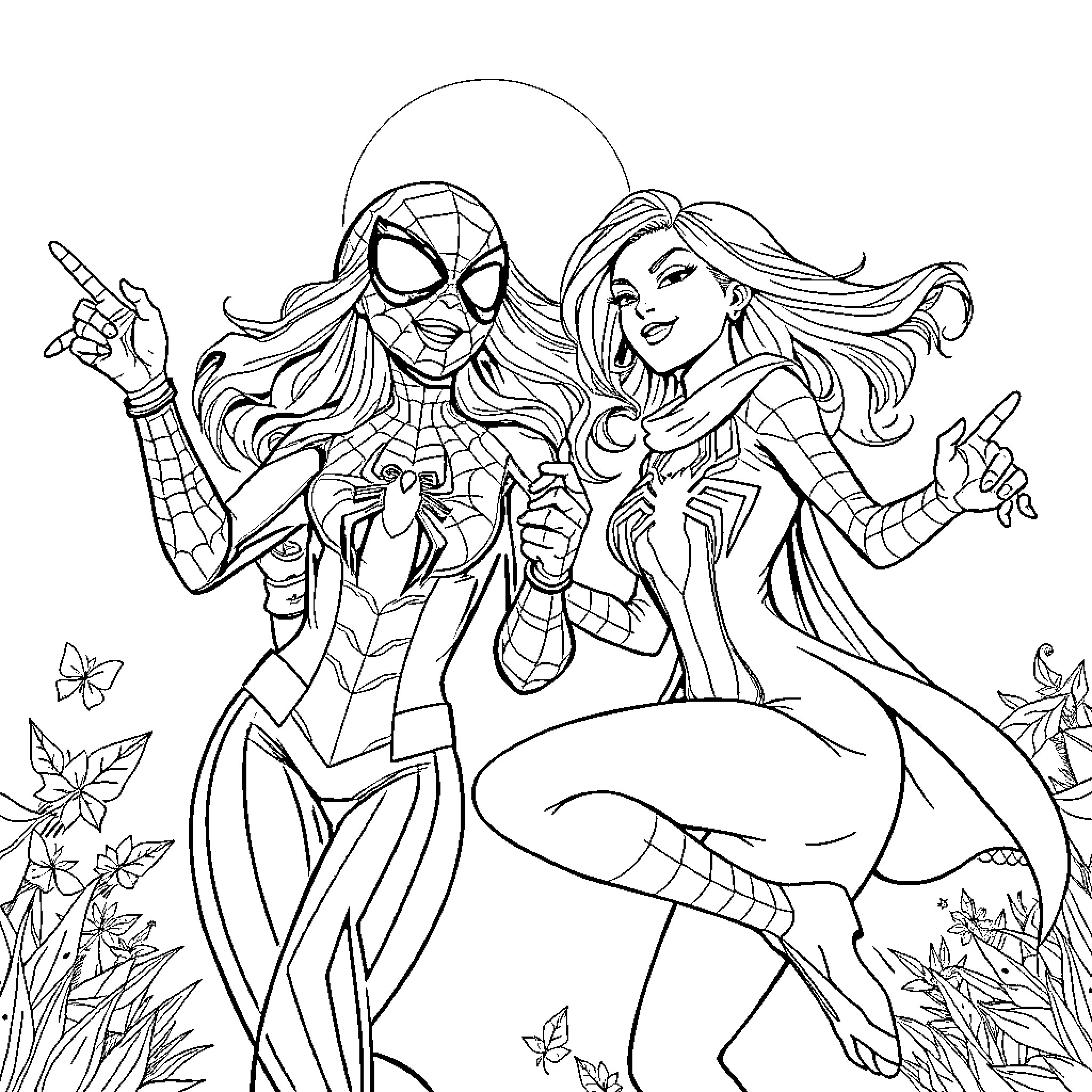 Spider Heroes Posing Confidently Outdoors Coloring Page (free black-and-white line drawing printable PDF for all, from beginners to advanced learners, including children, teens, adults, and seniors)