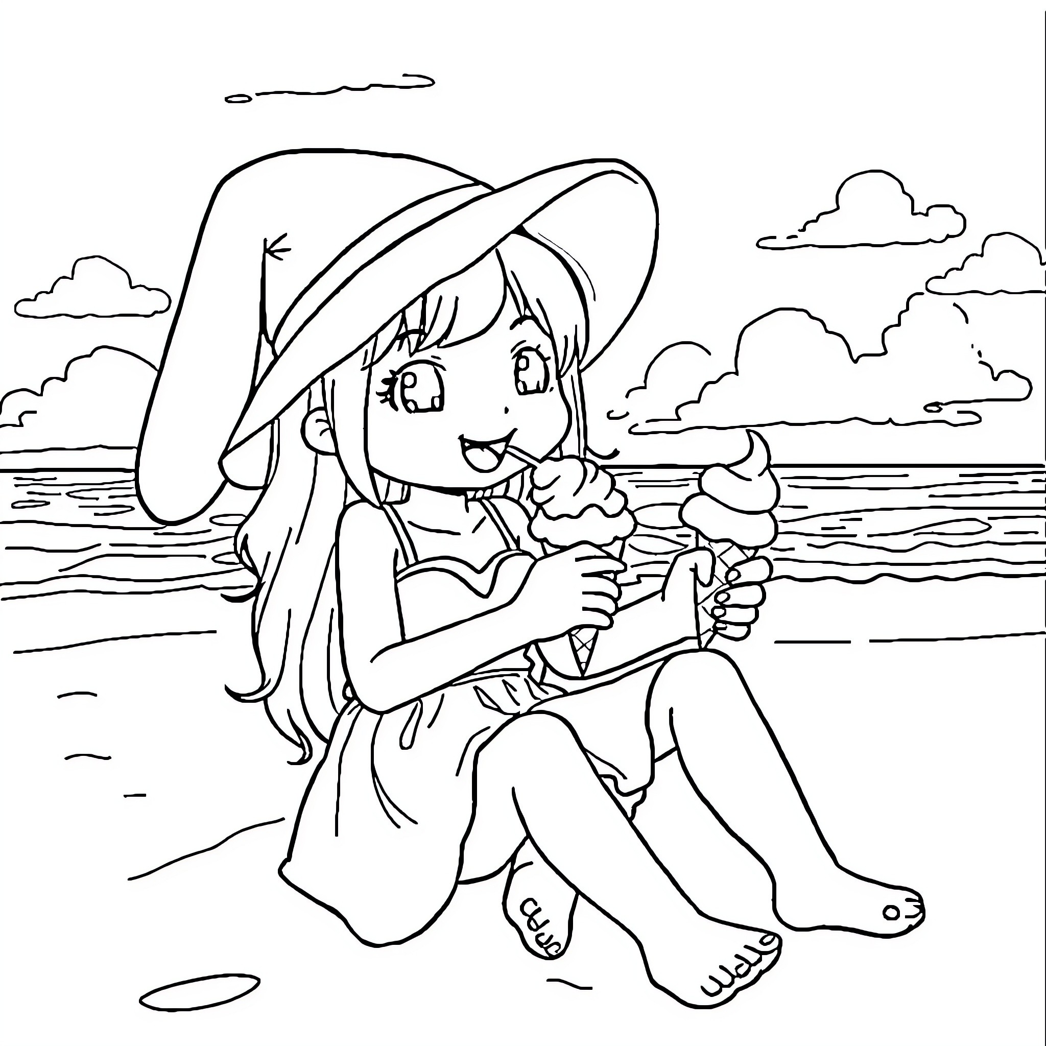 My Melody Enjoys a Day at the Beach Coloring Page (free black-and-white line drawing printable PDF for all, from beginners to advanced learners, including children, teens, adults, and seniors)