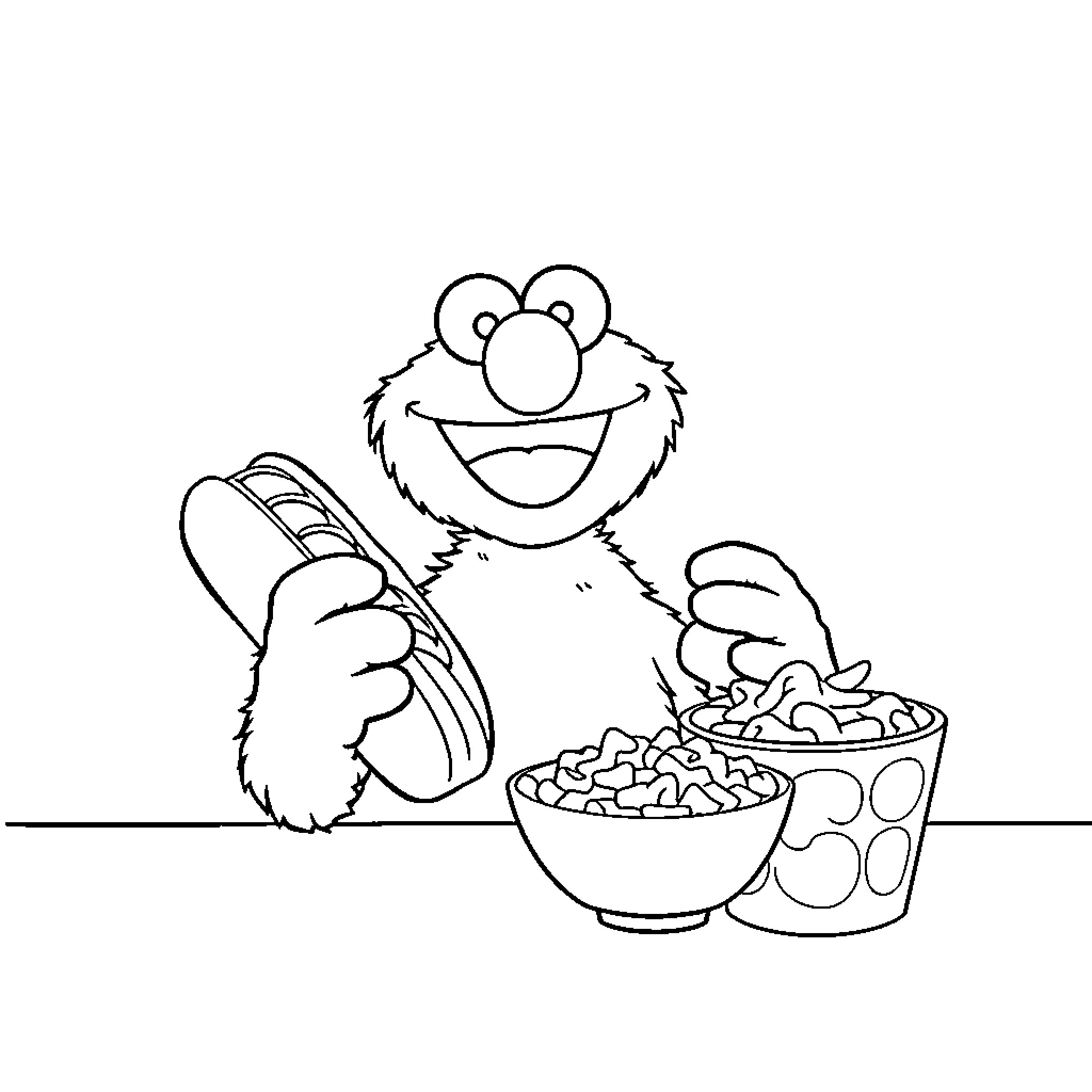 Elmo happily eating cereal and snacks Coloring Page (free black-and-white line drawing printable PDF for all, from beginners to advanced learners, including children, teens, adults, and seniors)