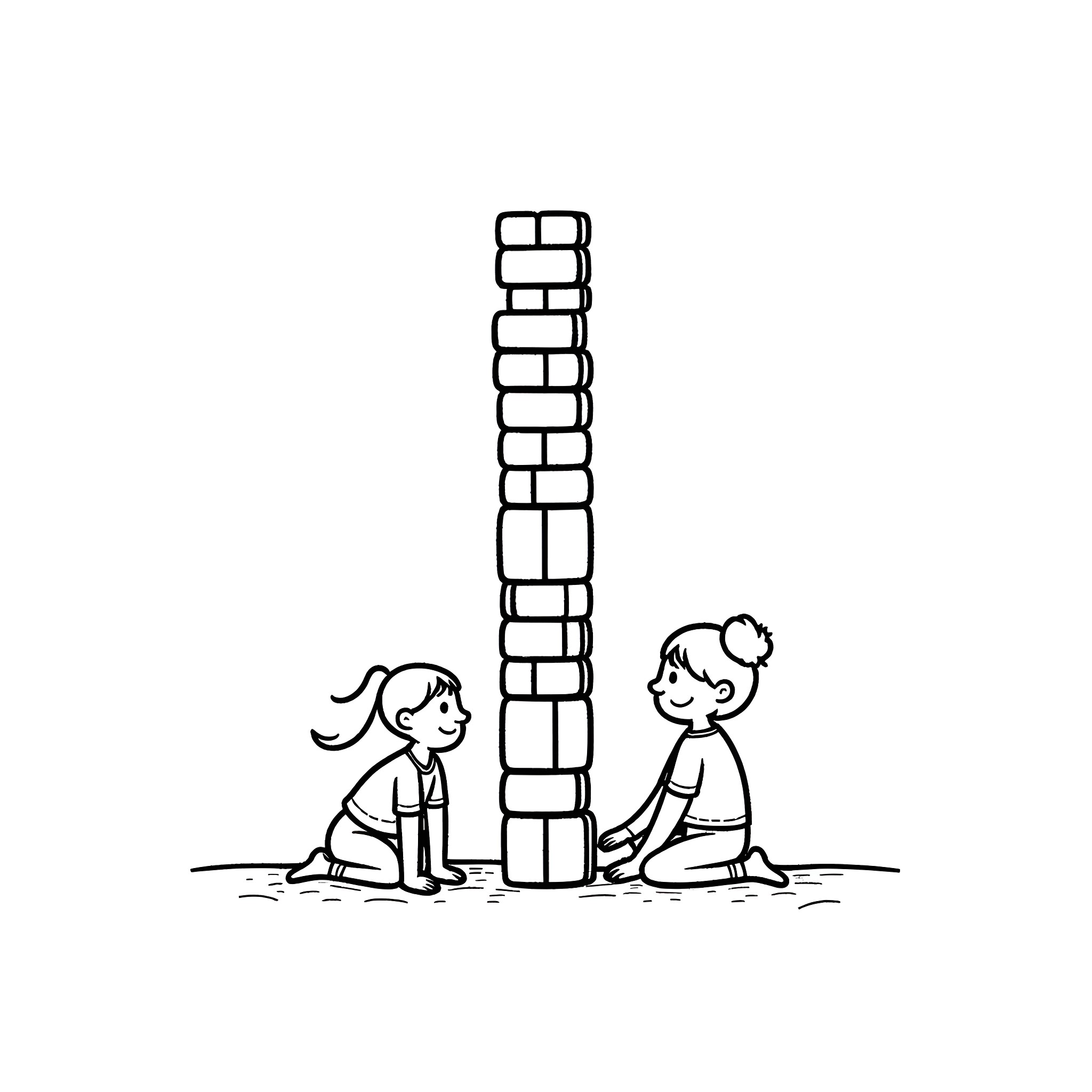 Person building block tower with friend Coloring Page (free black-and-white line drawing printable PDF for all, from beginners to advanced learners, including children, teens, adults, and seniors)