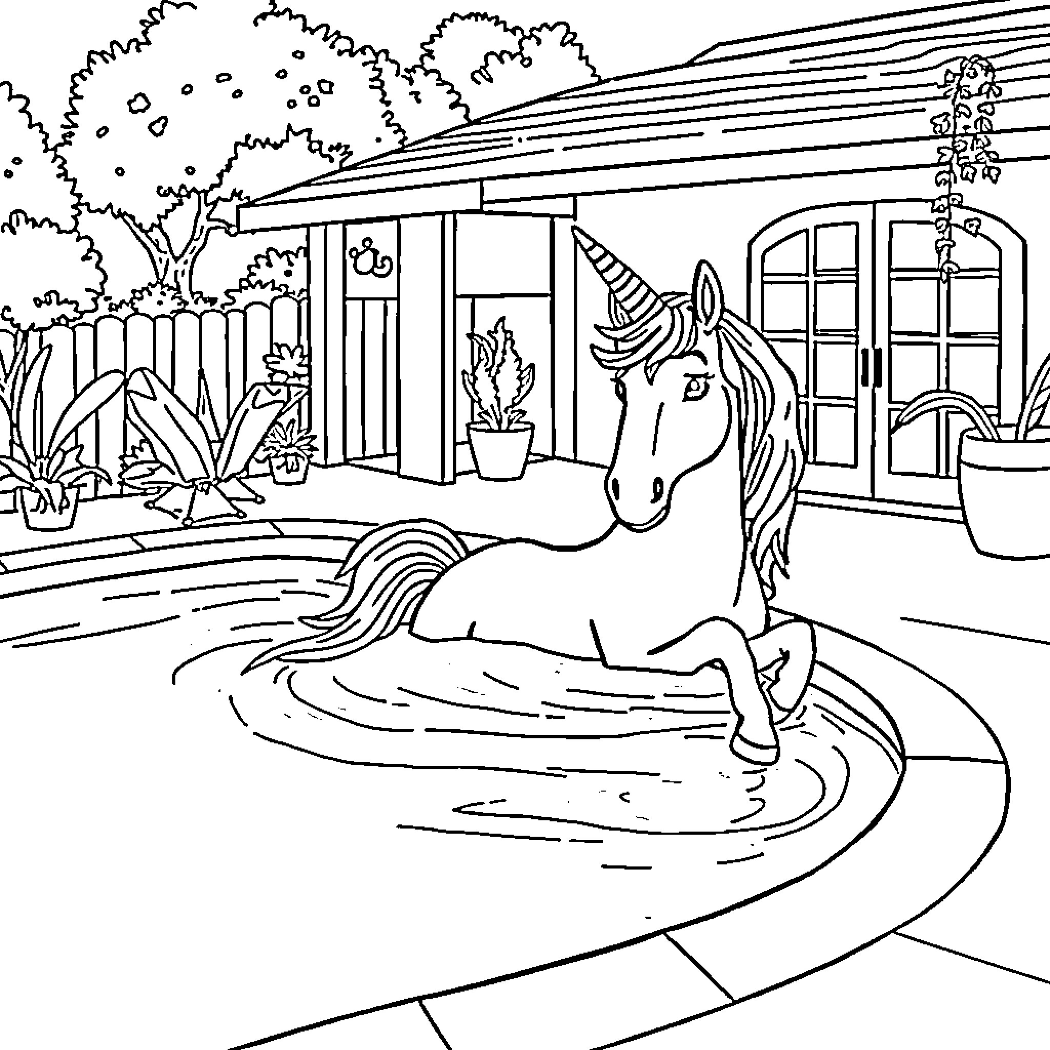 Unicorn Relaxing in Serene Garden Coloring Page (free black-and-white line drawing printable PDF for all, from beginners to advanced learners, including children, teens, adults, and seniors)